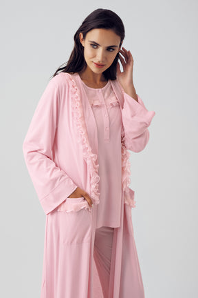 Shopymommy 15310 Lace Detailed 3-Pieces Maternity & Nursing Pajamas With Robe Powder