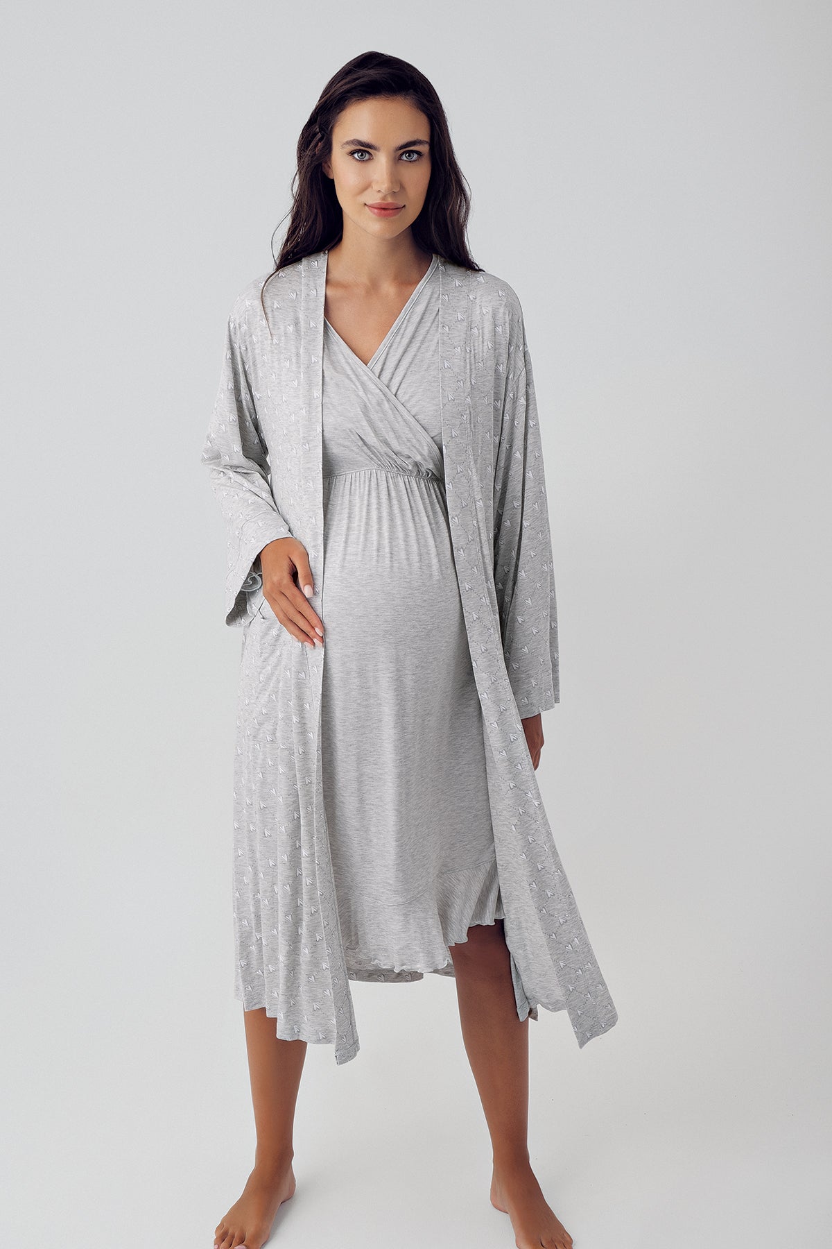 Shopymommy 15402 Double Breasted Maternity & Nursing Nightgown With Polka Dot Robe Grey