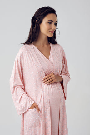 Shopymommy 15402 Double Breasted Maternity & Nursing Nightgown With Polka Dot Robe Powder