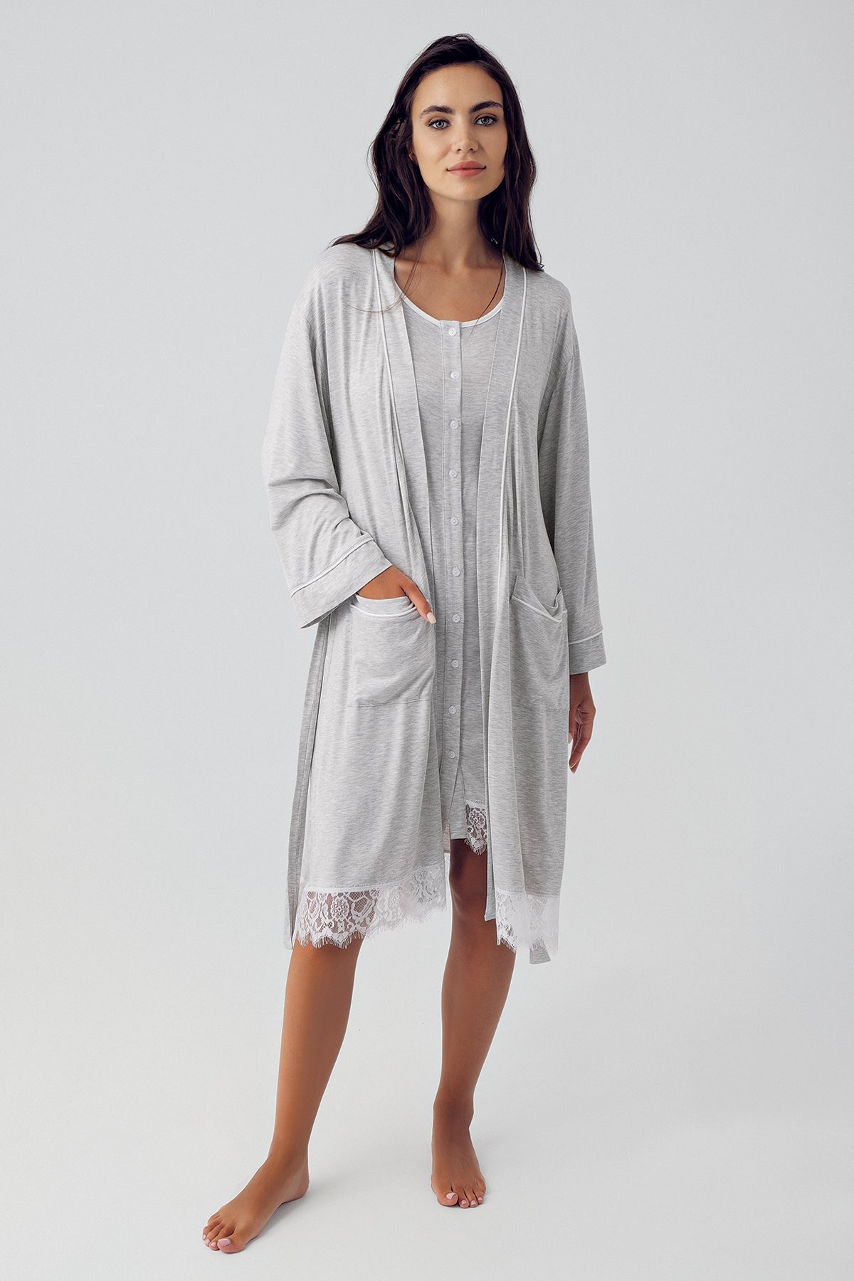 Shopymommy 15403 Melange Lace Maternity & Nursing Nightgown With Robe Grey