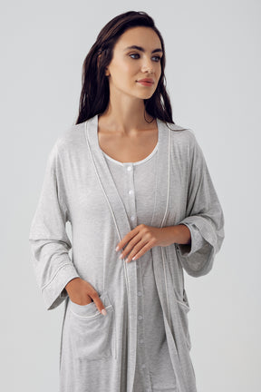 Shopymommy 15403 Melange Lace Maternity & Nursing Nightgown With Robe Grey