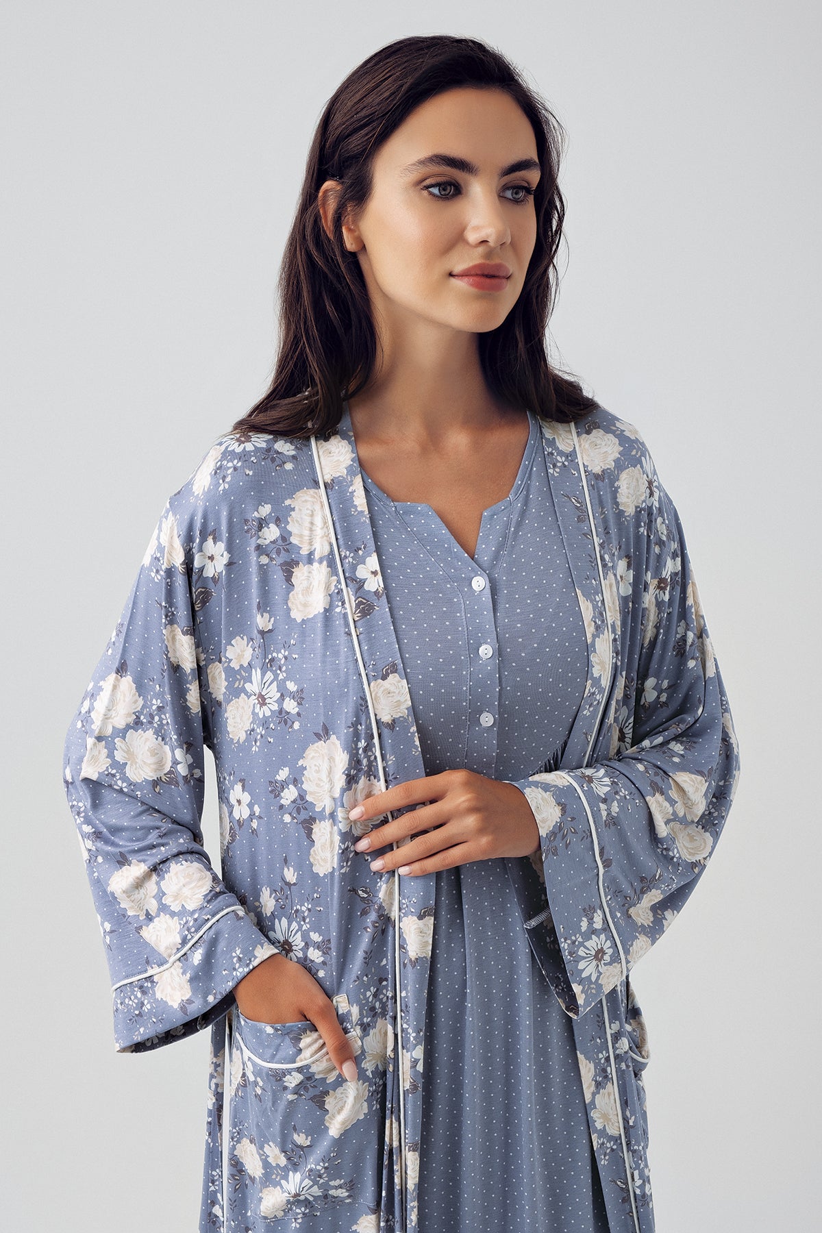 Shopymommy 15404 Polka Dot Maternity & Nursing Nightgown With Flower Patterned Robe Indigo