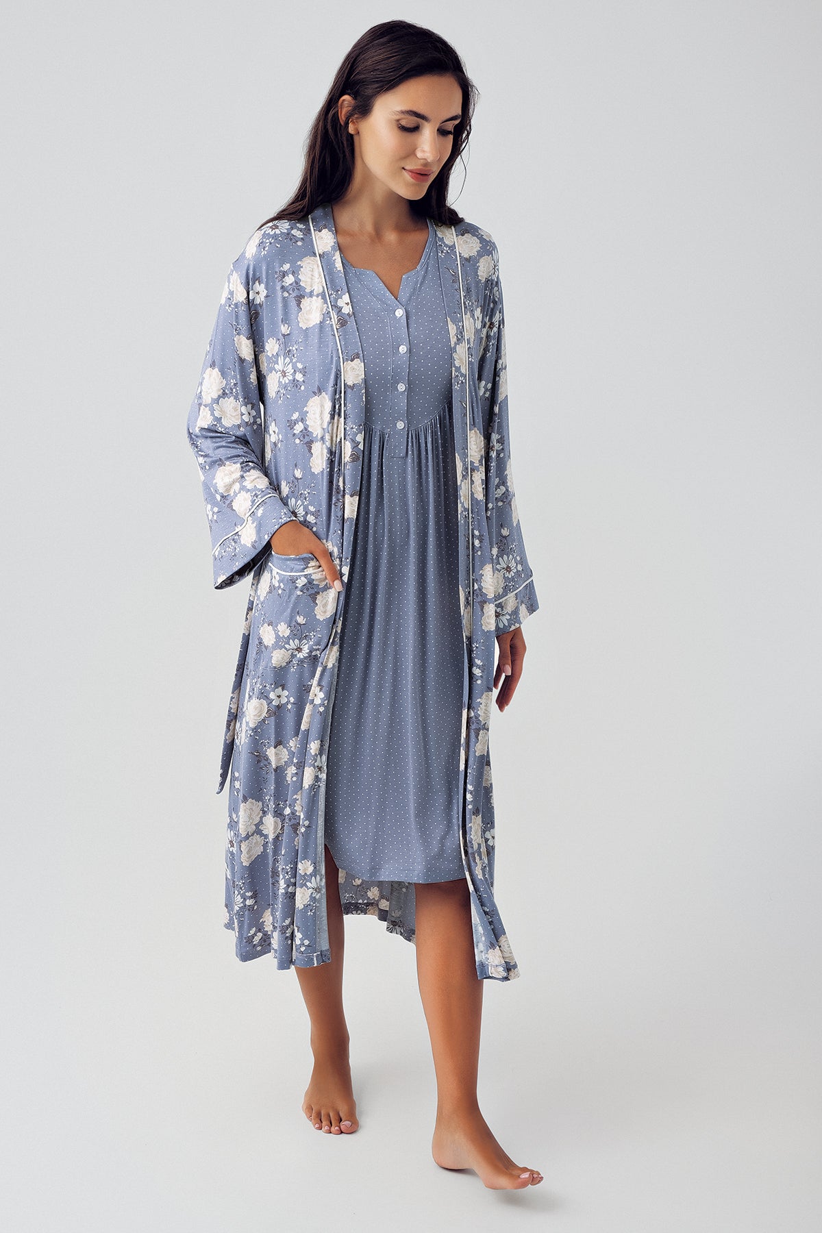 Shopymommy 15404 Polka Dot Maternity & Nursing Nightgown With Flower Patterned Robe Indigo