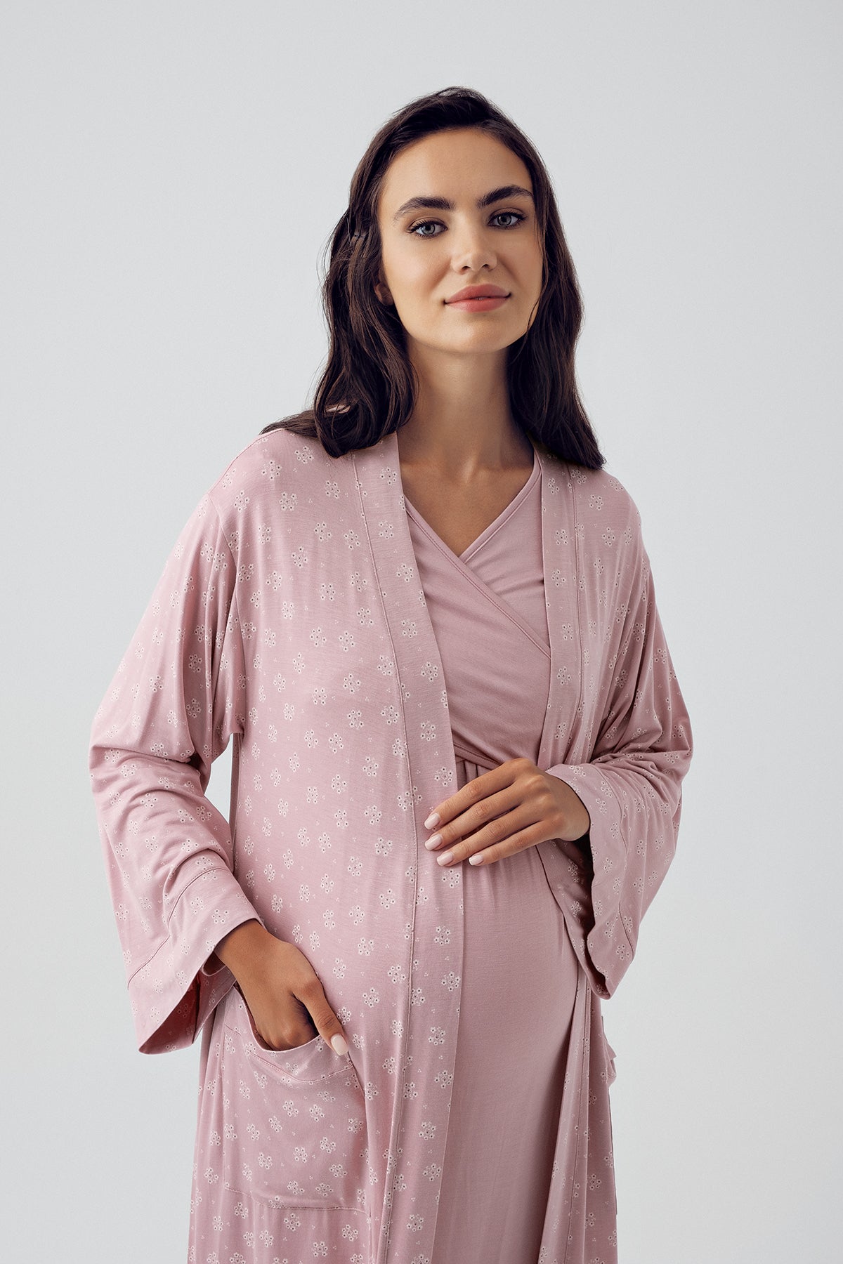 Shopymommy 15405 Cross Double Breasted Maternity & Nursing Nightgown With Patterned Robe Powder