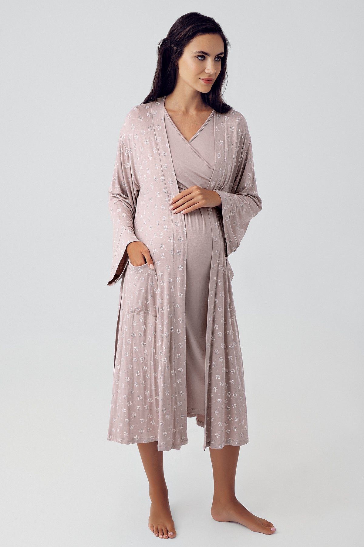 Shopymommy 15405 Cross Double Breasted Maternity & Nursing Nightgown With Patterned Robe Coffee