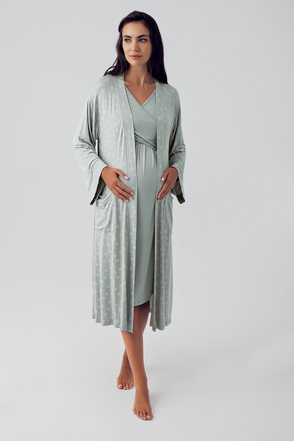 Shopymommy 15405 Cross Double Breasted Maternity & Nursing Nightgown With Patterned Robe Green