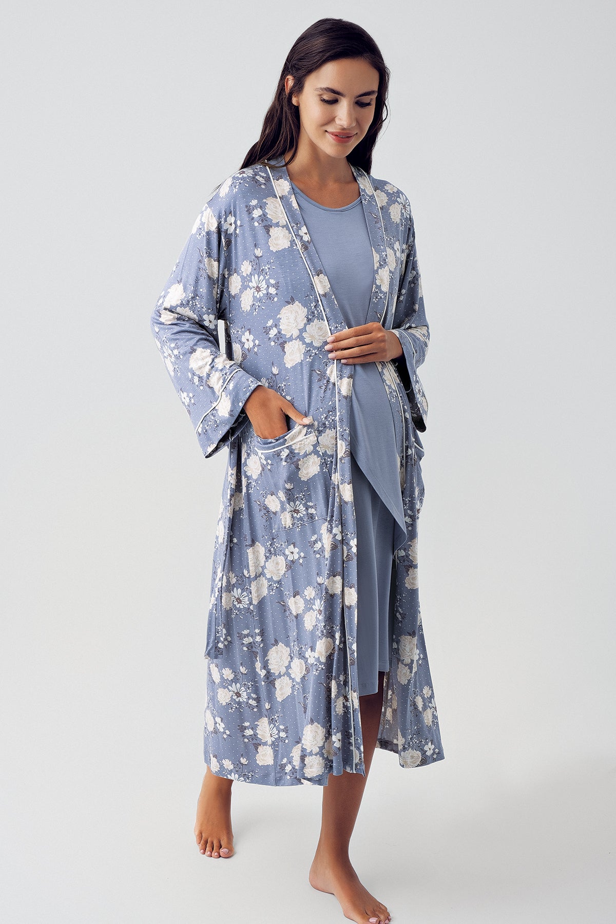 Shopymommy 15409 Wide Double Breasted Maternity & Nursing Nightgown With Flowery Robe Indigo