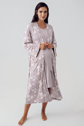 Shopymommy 15409 Wide Double Breasted Maternity & Nursing Nightgown With Flowery Robe Coffee
