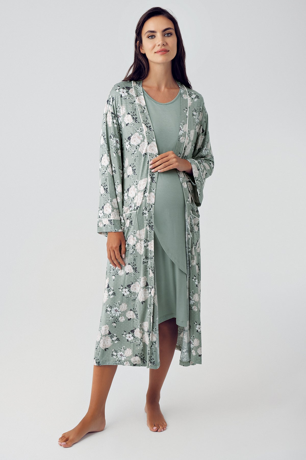 Shopymommy 15409 Wide Double Breasted Maternity & Nursing Nightgown With Flowery Robe Green
