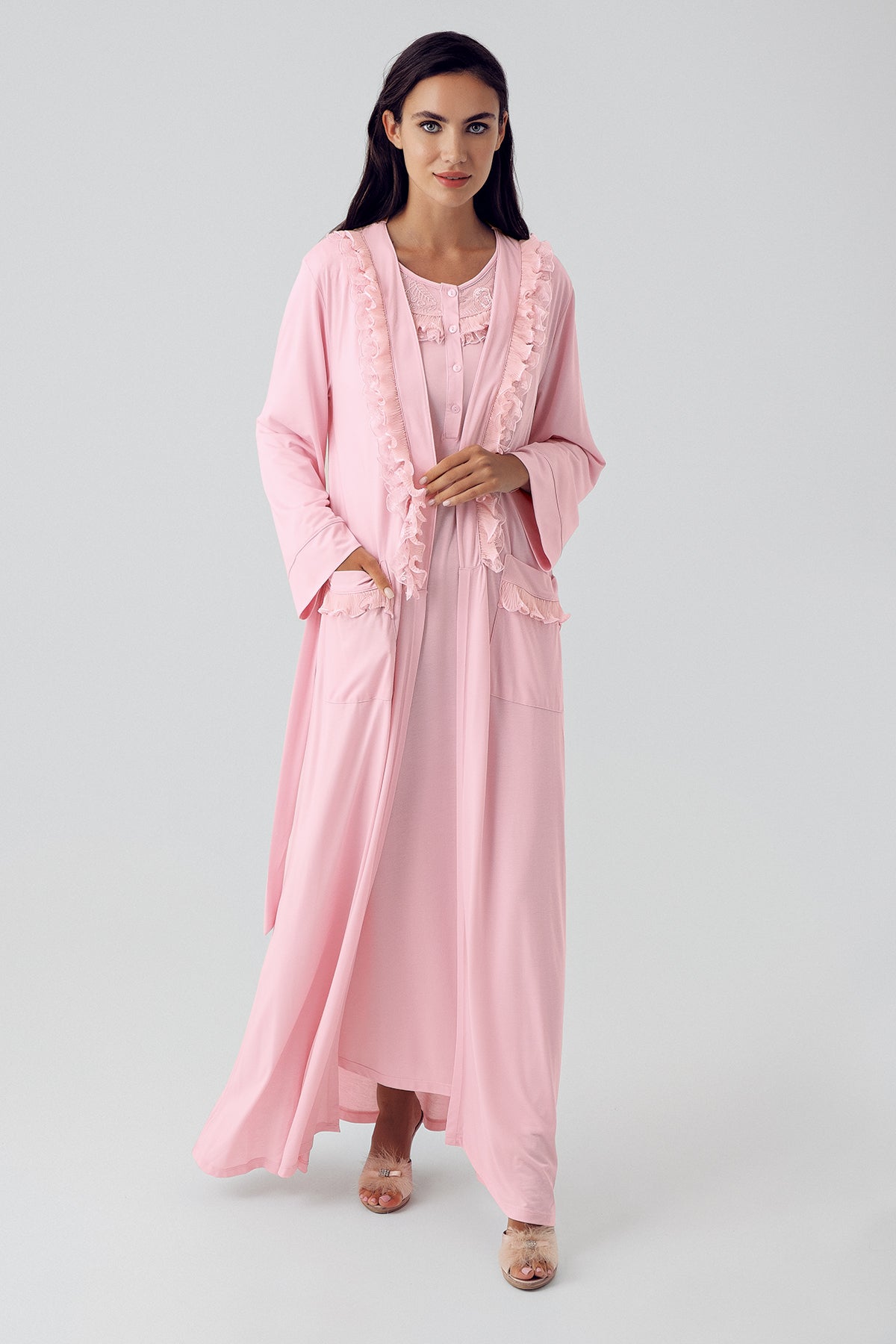 Shopymommy 15410 Lace Detailed Maternity & Nursing Nightgown With Robe Powder