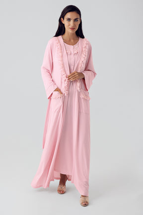 Shopymommy 15410 Lace Detailed Maternity & Nursing Nightgown With Robe Powder