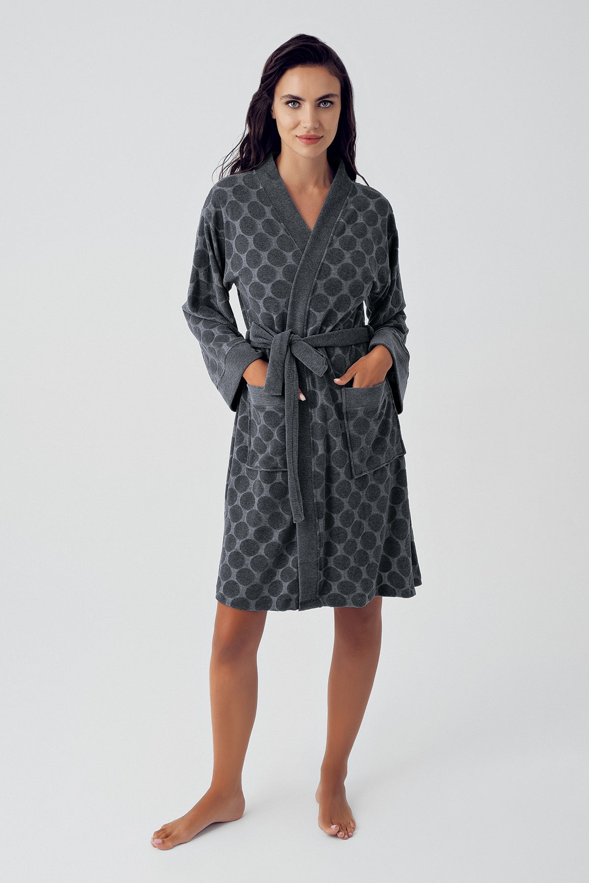 Shopymommy 15501 Terry Jacquard Short Maternity Robe Anthracite