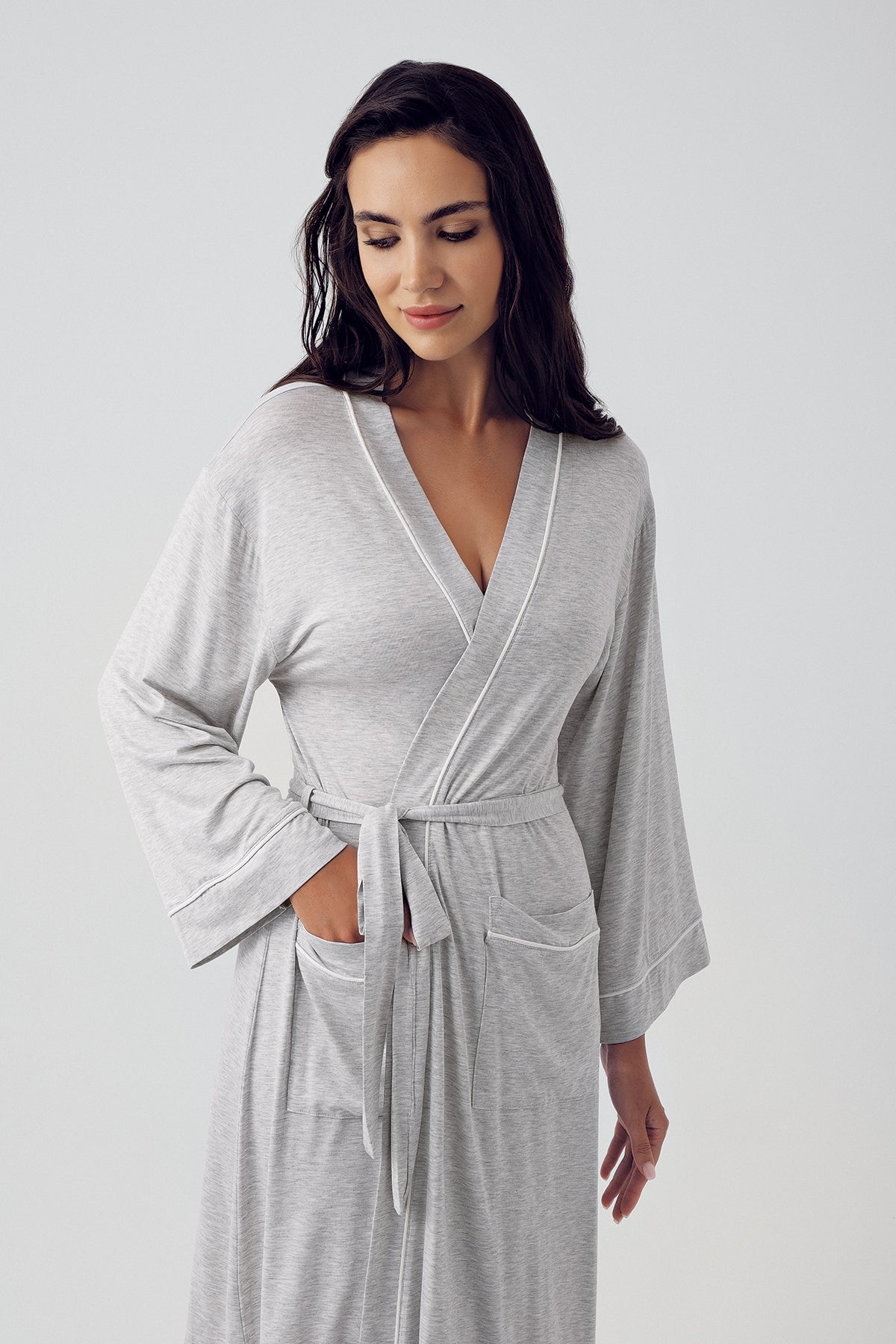 Shopymommy 15503 Melange Lace Maternity Robe Grey