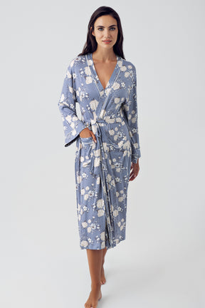Shopymommy 15304 Polka Dot 3-Pieces Maternity & Nursing Pajamas With Flower Patterned Robe Indigo