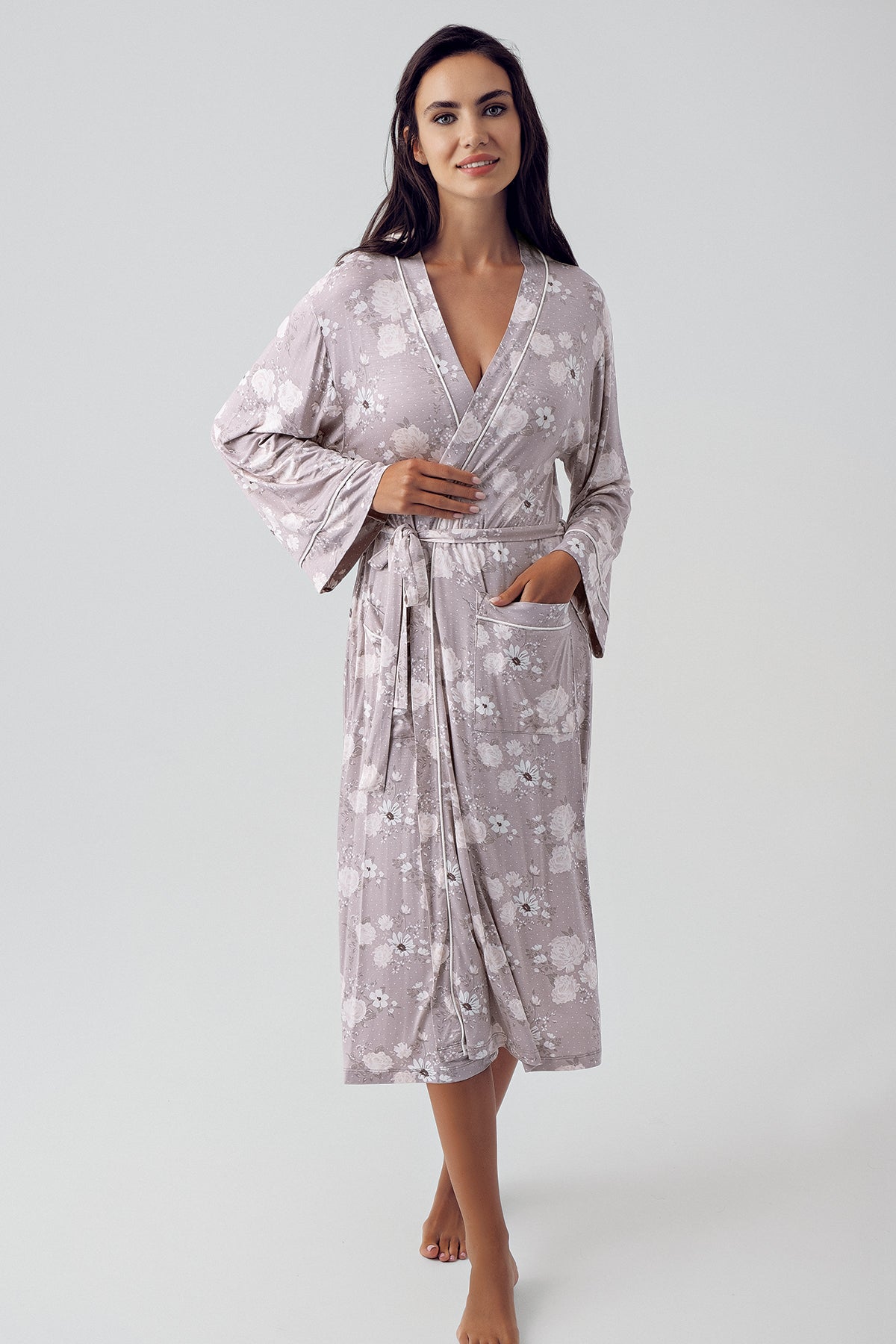 Shopymommy 15304 Polka Dot 3-Pieces Maternity & Nursing Pajamas With Flower Patterned Robe Coffee