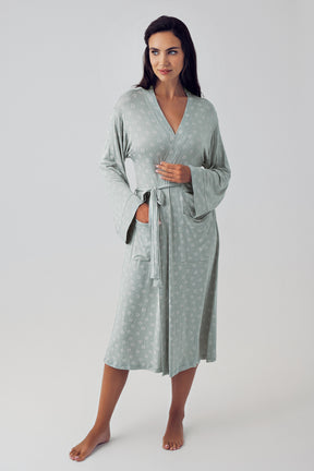 Shopymommy 15305 Cross Double Breasted 3-Pieces Maternity & Nursing Pajamas With Patterned Robe Green