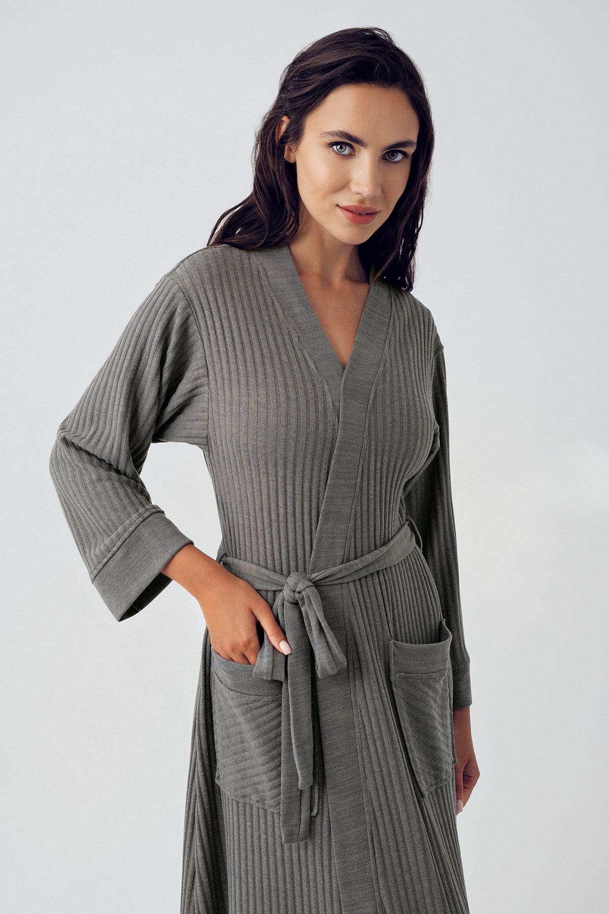 Shopymommy 15508 Jacquard Knitwear Long Maternity Robe Khaki