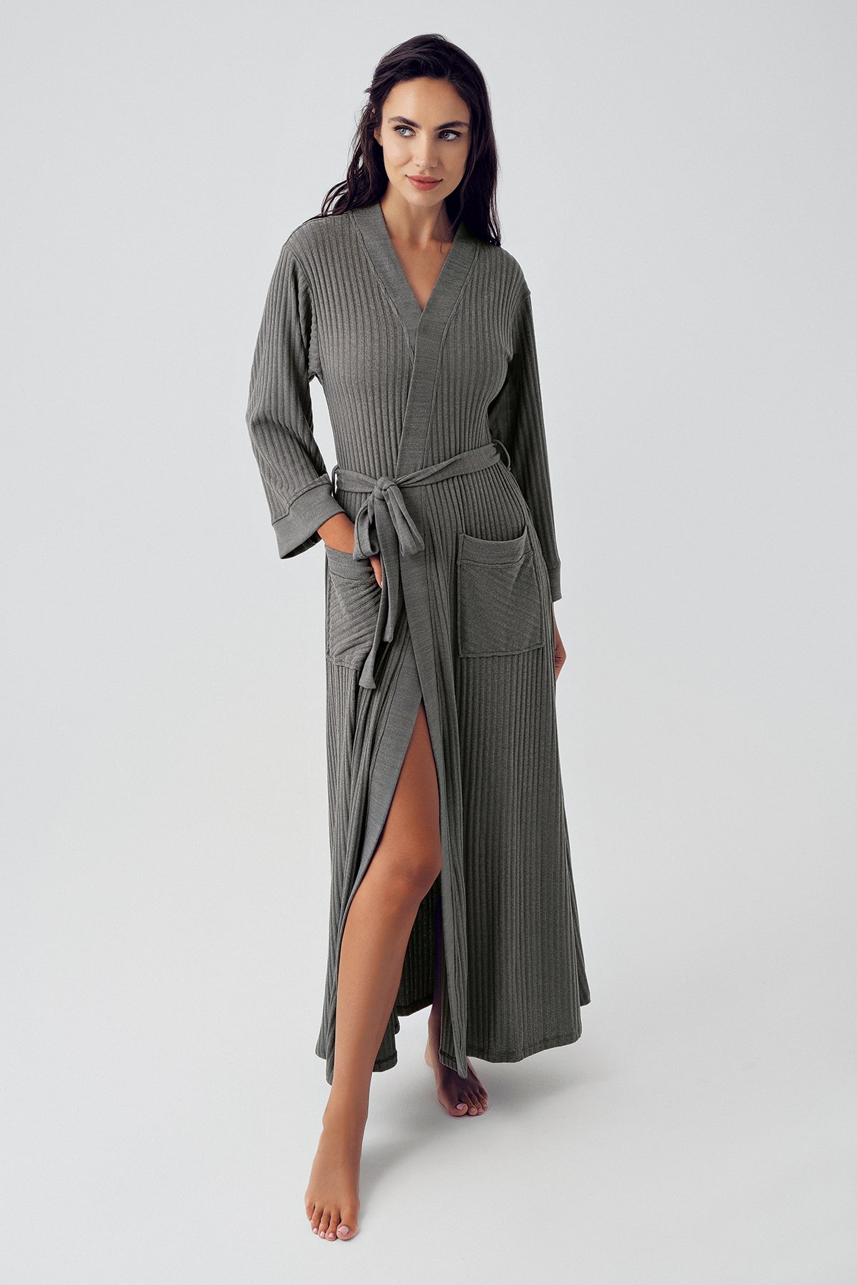 Shopymommy 15508 Jacquard Knitwear Long Maternity Robe Khaki