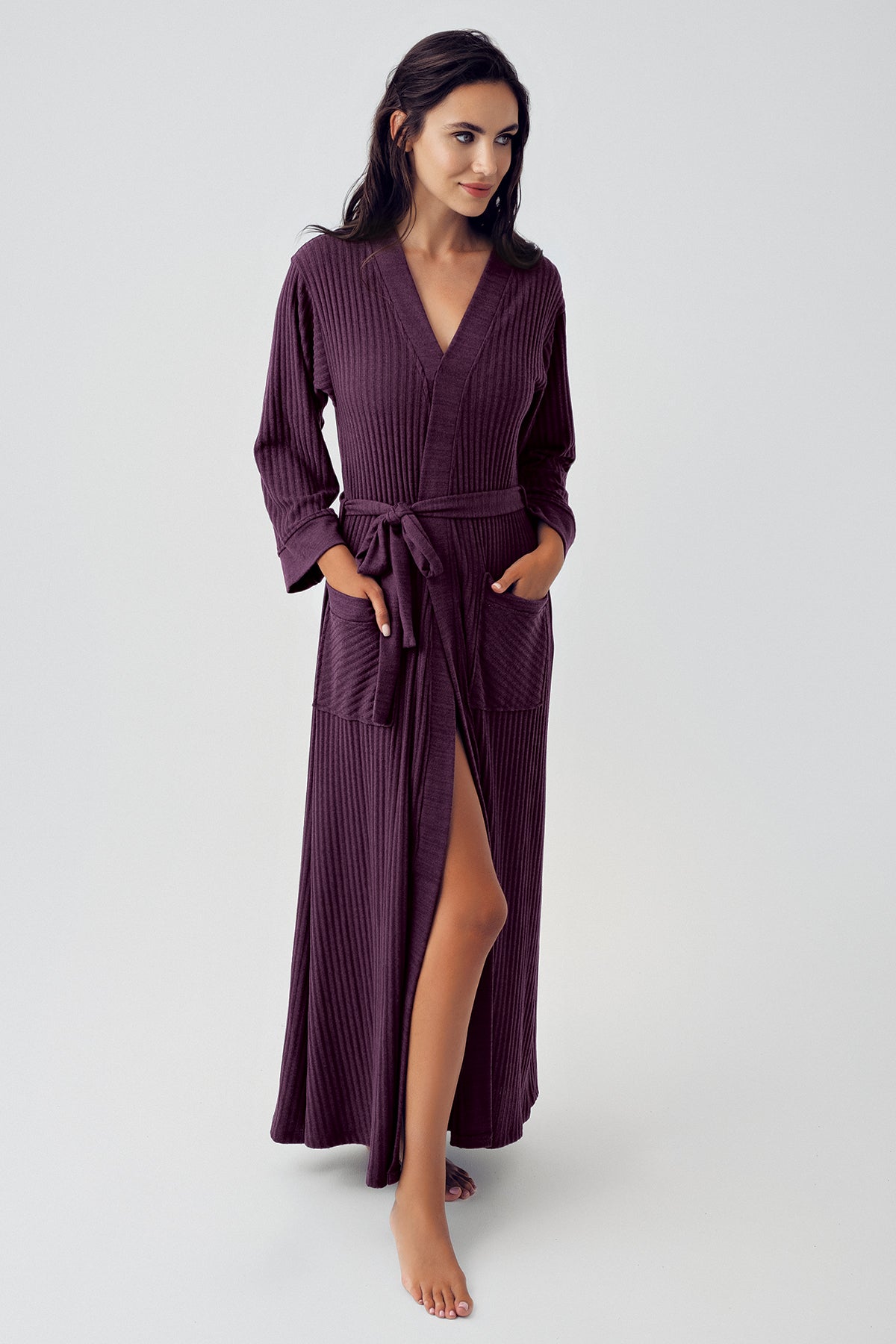 Shopymommy 15508 Jacquard Knitwear Long Maternity Robe Purple