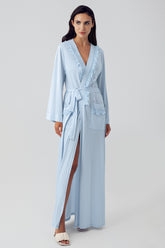 Shopymommy 15510 Lace Detailed Maternity Robe Blue