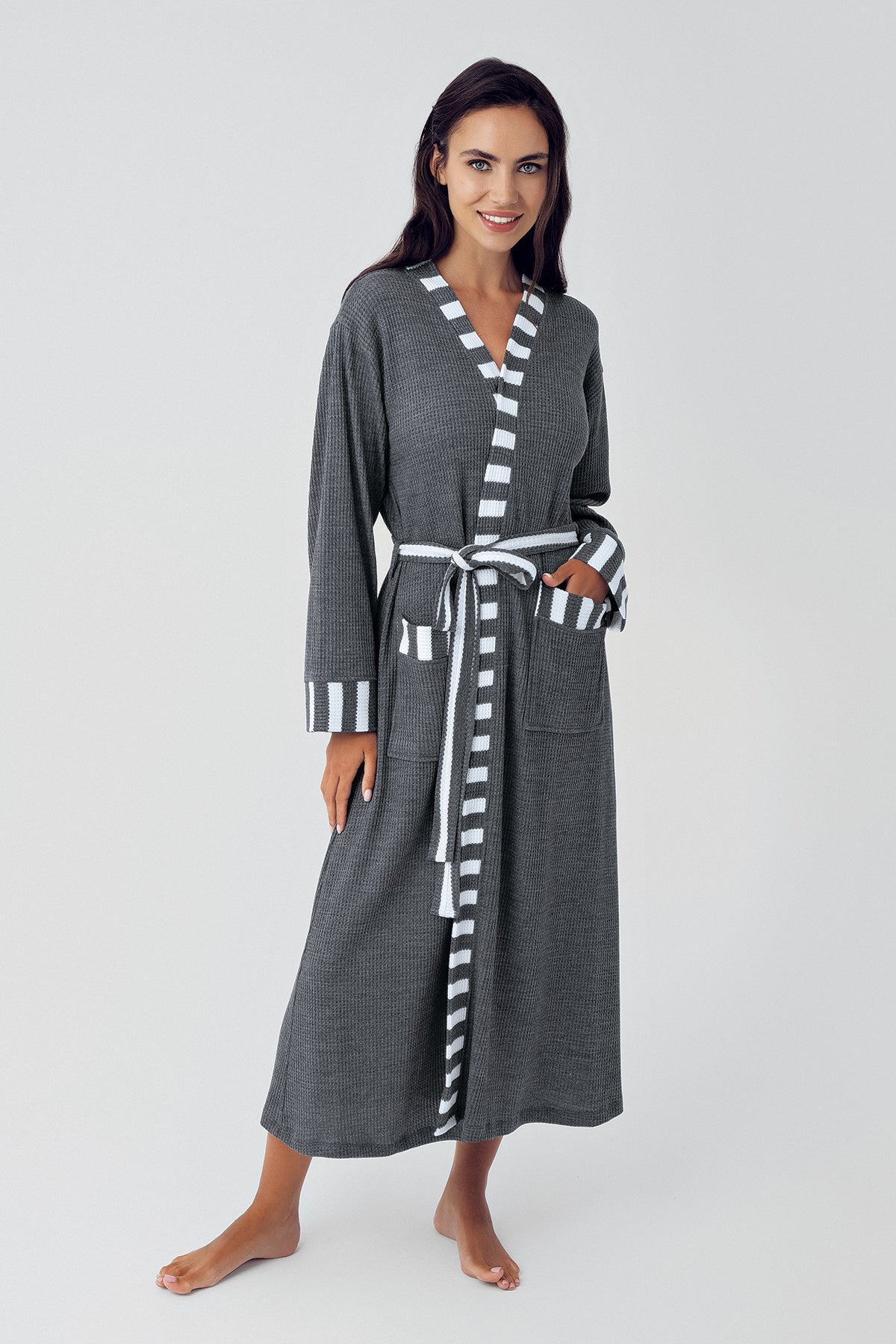 Shopymommy 15513 Knitwear Long Maternity Robe Anthracite