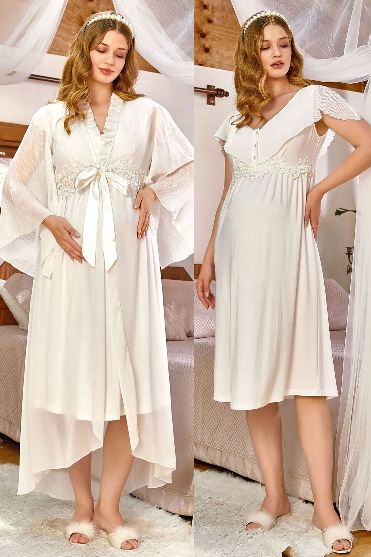 Shopymommy 155154 Embroidery Maternity & Nursing Nightgown With Robe Ecru