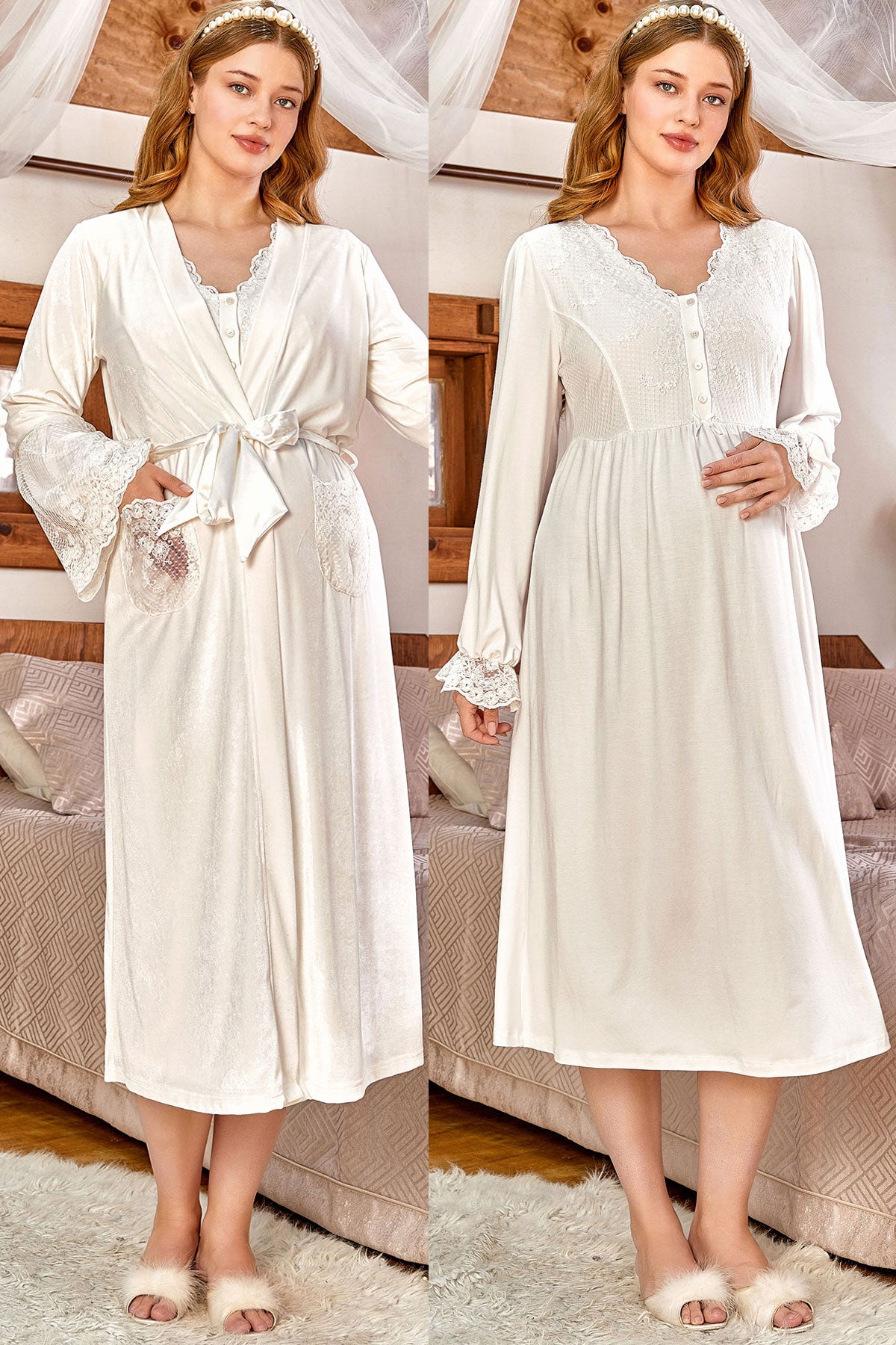 Shopymommy 158157 Lace Sleeve Maternity & Nursing Nightgown With Robe Ecru