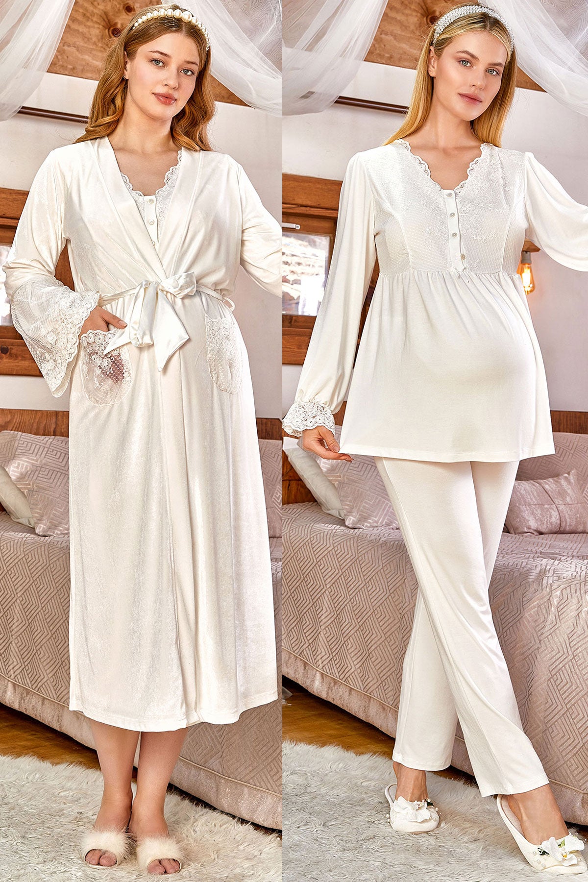 Shopymommy 158159 Lace Sleeve 3-Pieces Maternity & Nursing Pajamas With Robe Ecru