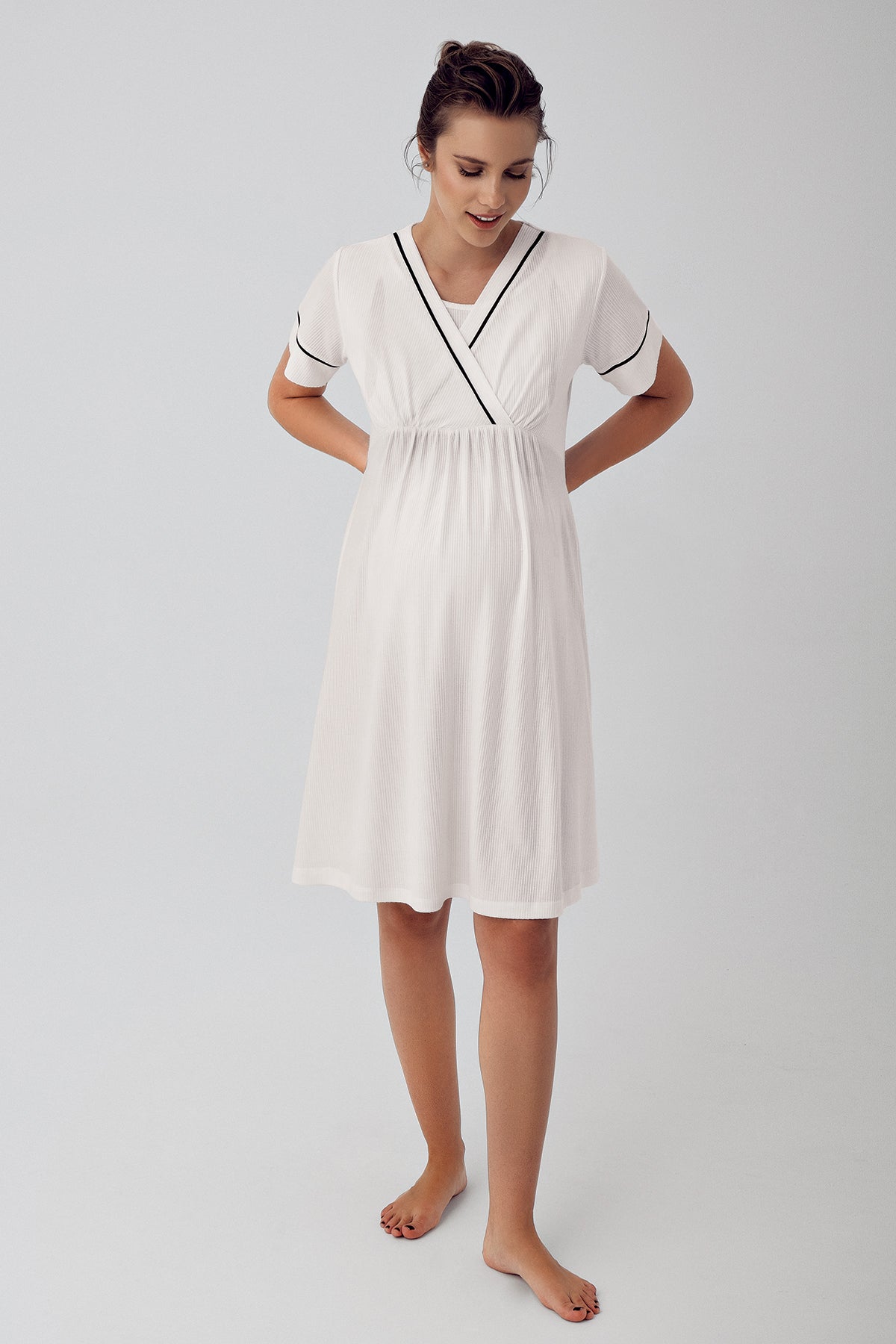 Shopymommy 16402 Double Breasted Maternity & Nursing Nightgown With Robe Ecru