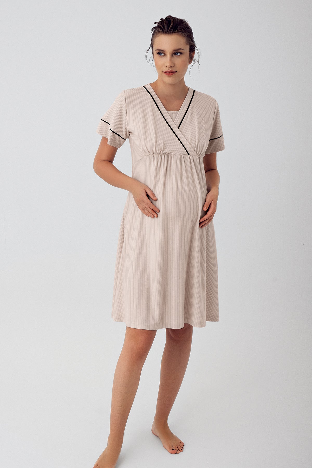 Shopymommy 16102 Double Breasted Maternity & Nursing Nightgown Beige