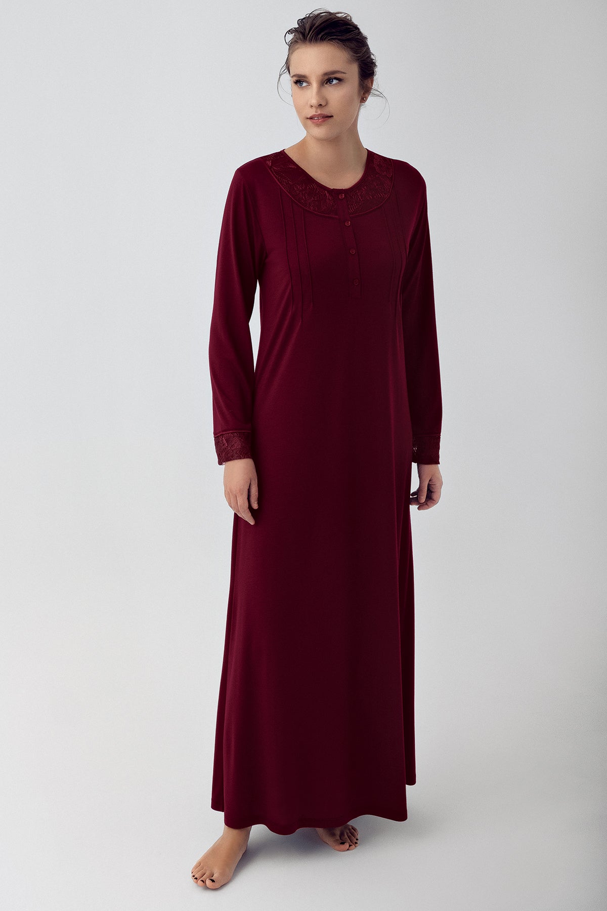 Shopymommy 16104 Lace Sleeve Long Maternity & Nursing Nightgown Claret Red
