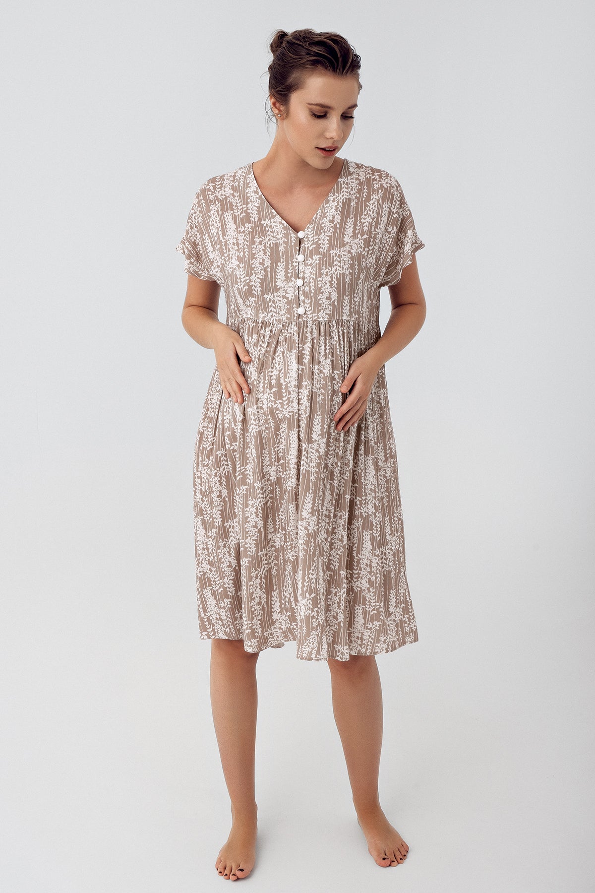 Shopymommy 16105 Patterned Maternity & Nursing Nightgown Beige