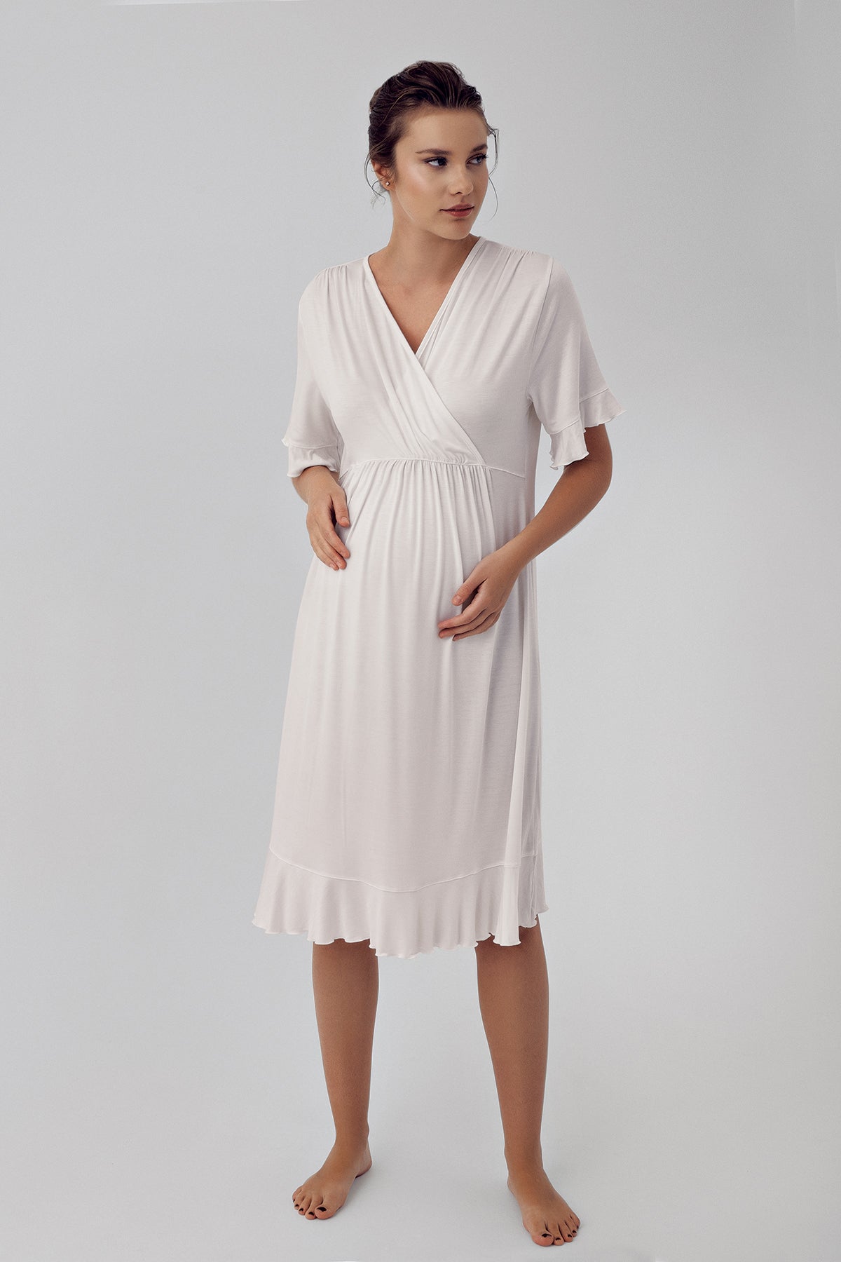 Shopymommy 16409 Double Breasted Maternity & Nursing Nightgown With Flywheel Arm Robe Ecru