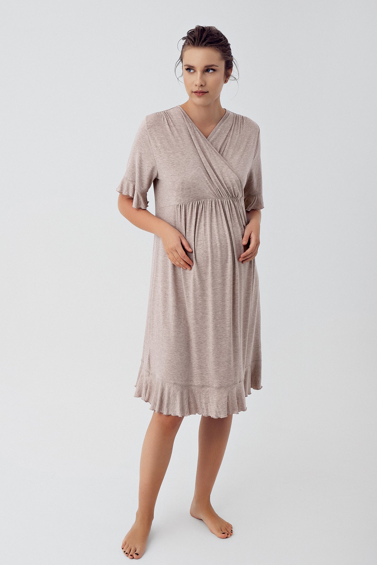 Shopymommy 16409 Double Breasted Maternity & Nursing Nightgown With Flywheel Arm Robe Beige
