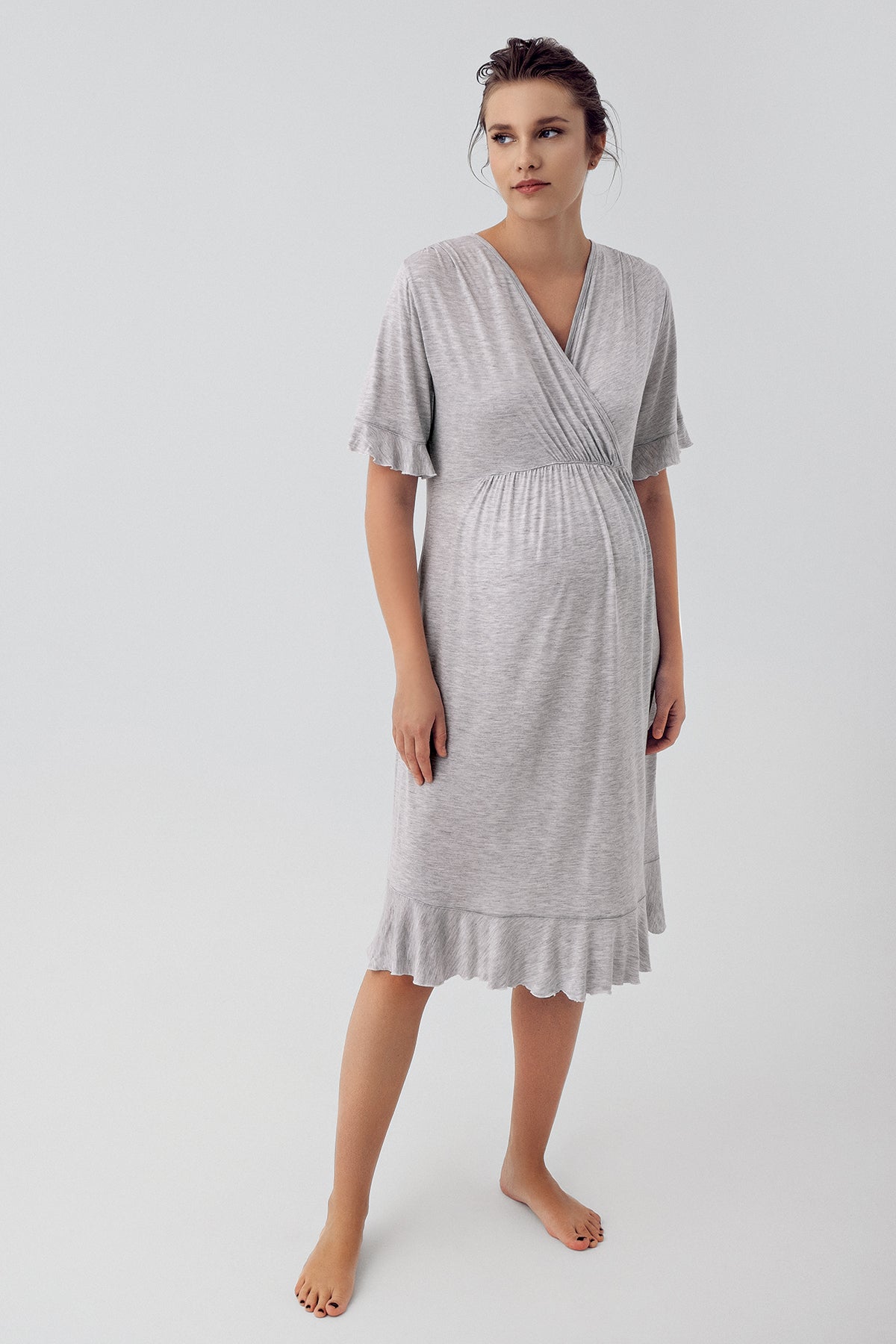 Shopymommy 16409 Double Breasted Maternity & Nursing Nightgown With Flywheel Arm Robe Grey