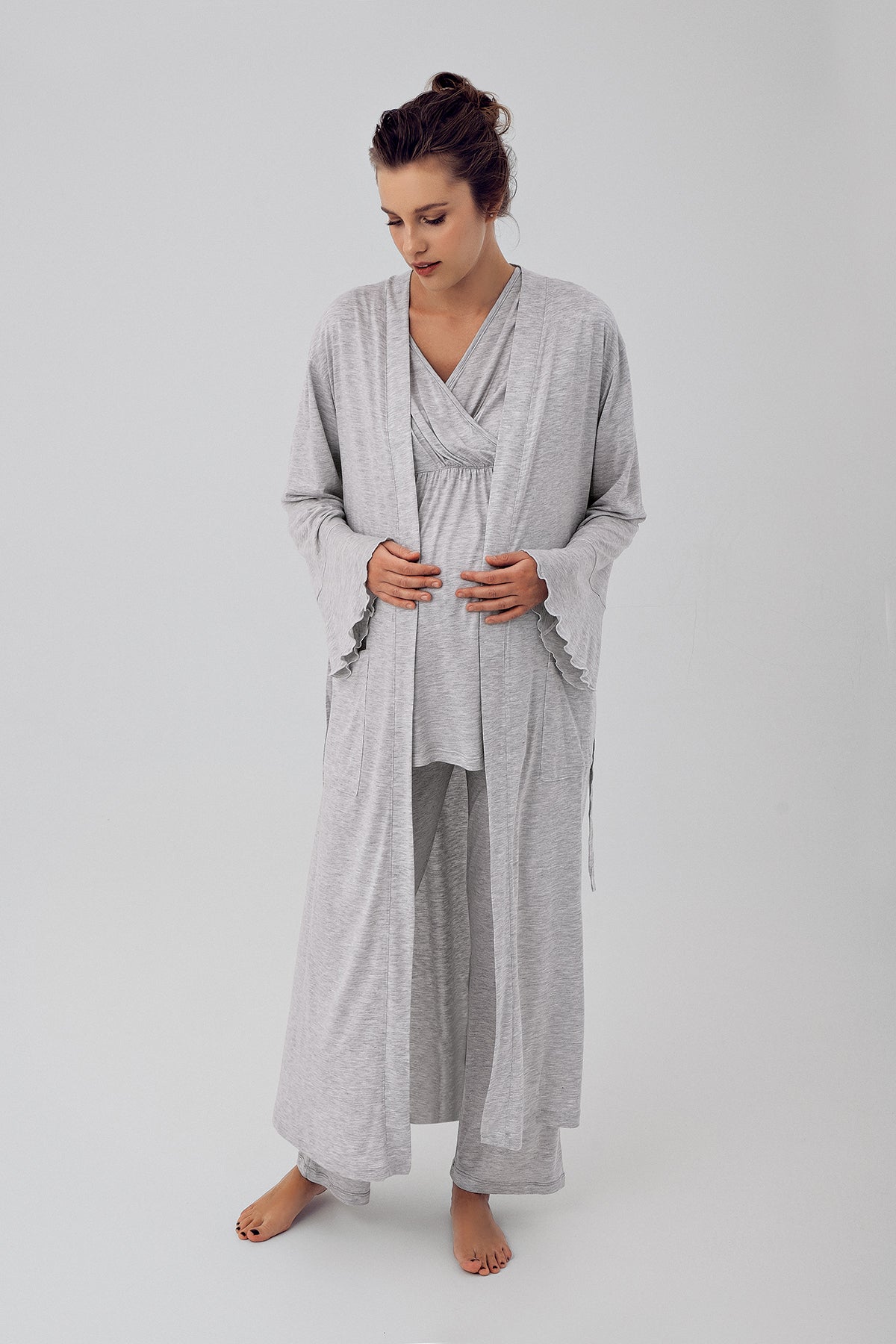 Shopymommy 16309 Double Breasted 3-Pieces Maternity & Nursing Pajamas With Flywheel Arm Robe Grey