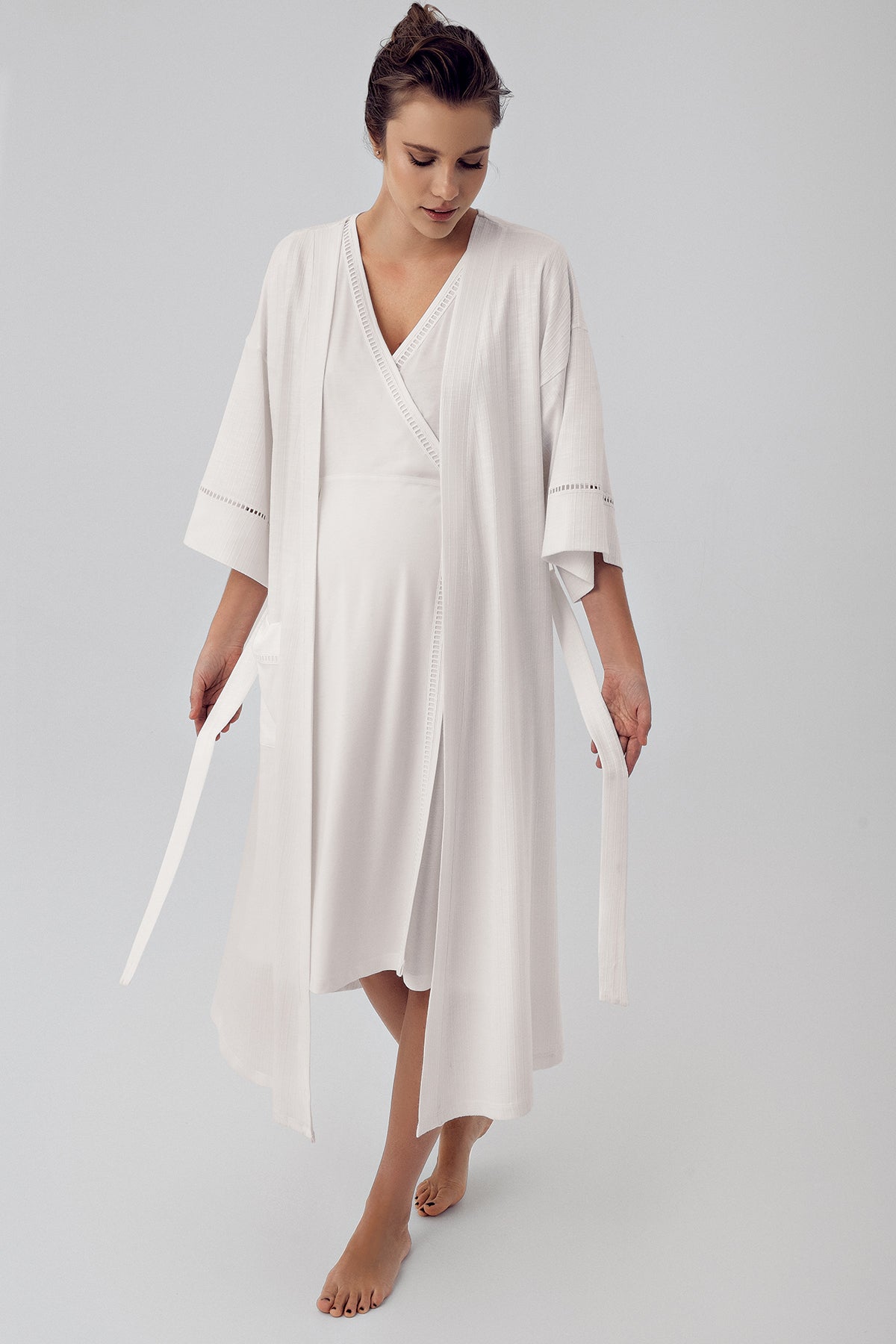 Shopymommy 16400 Double Breasted Maternity & Nursing Nightgown With Robe Ecru