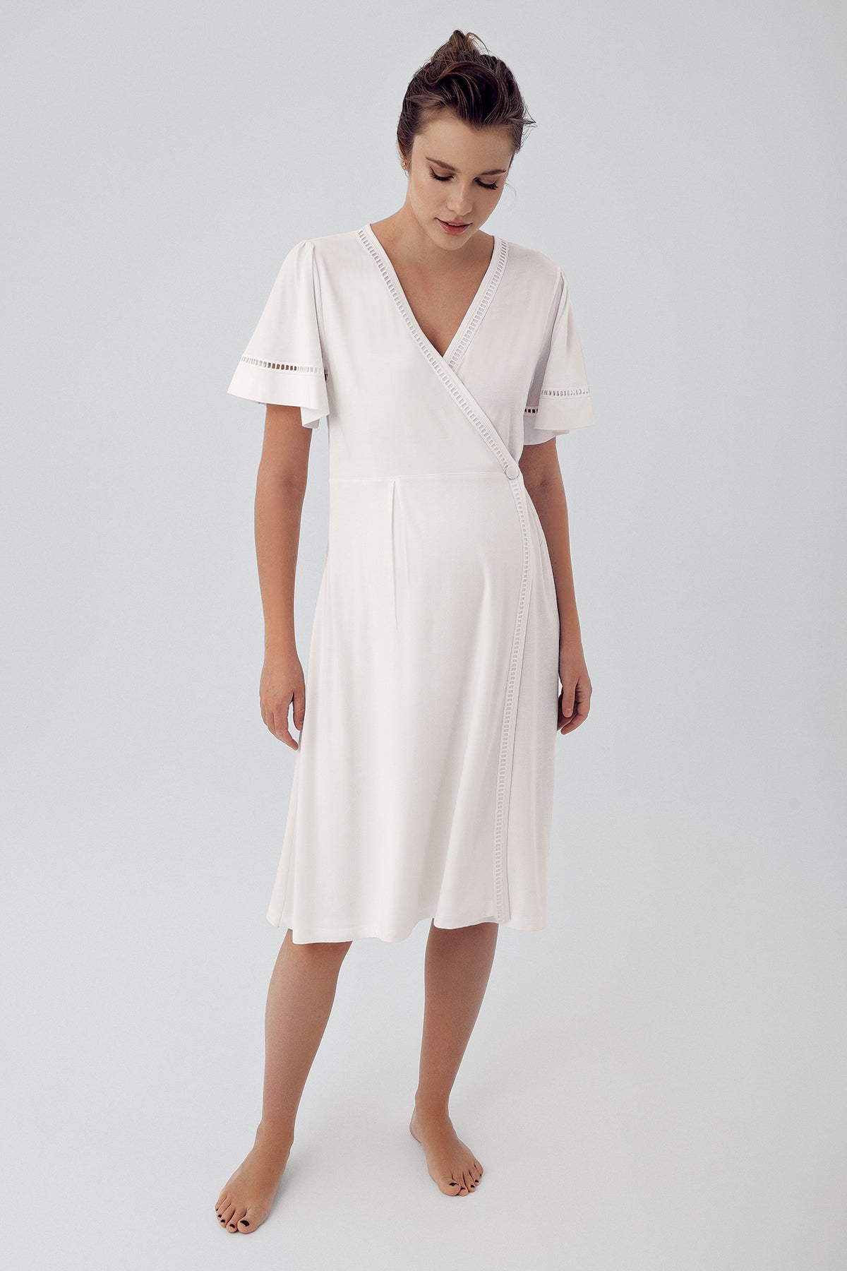 Shopymommy 16400 Double Breasted Maternity & Nursing Nightgown With Robe Ecru