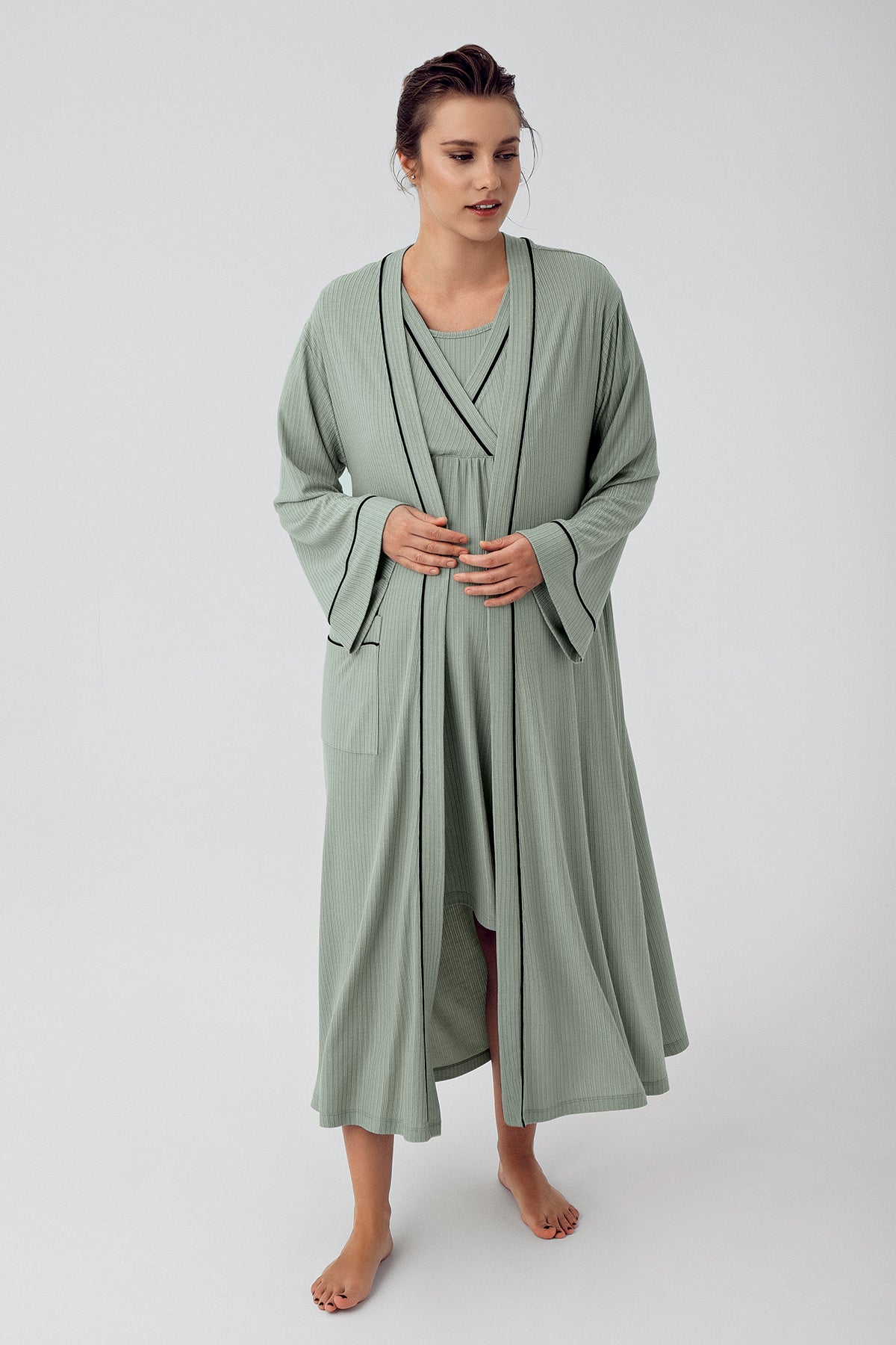 Shopymommy 16402 Double Breasted Maternity & Nursing Nightgown With Robe Green