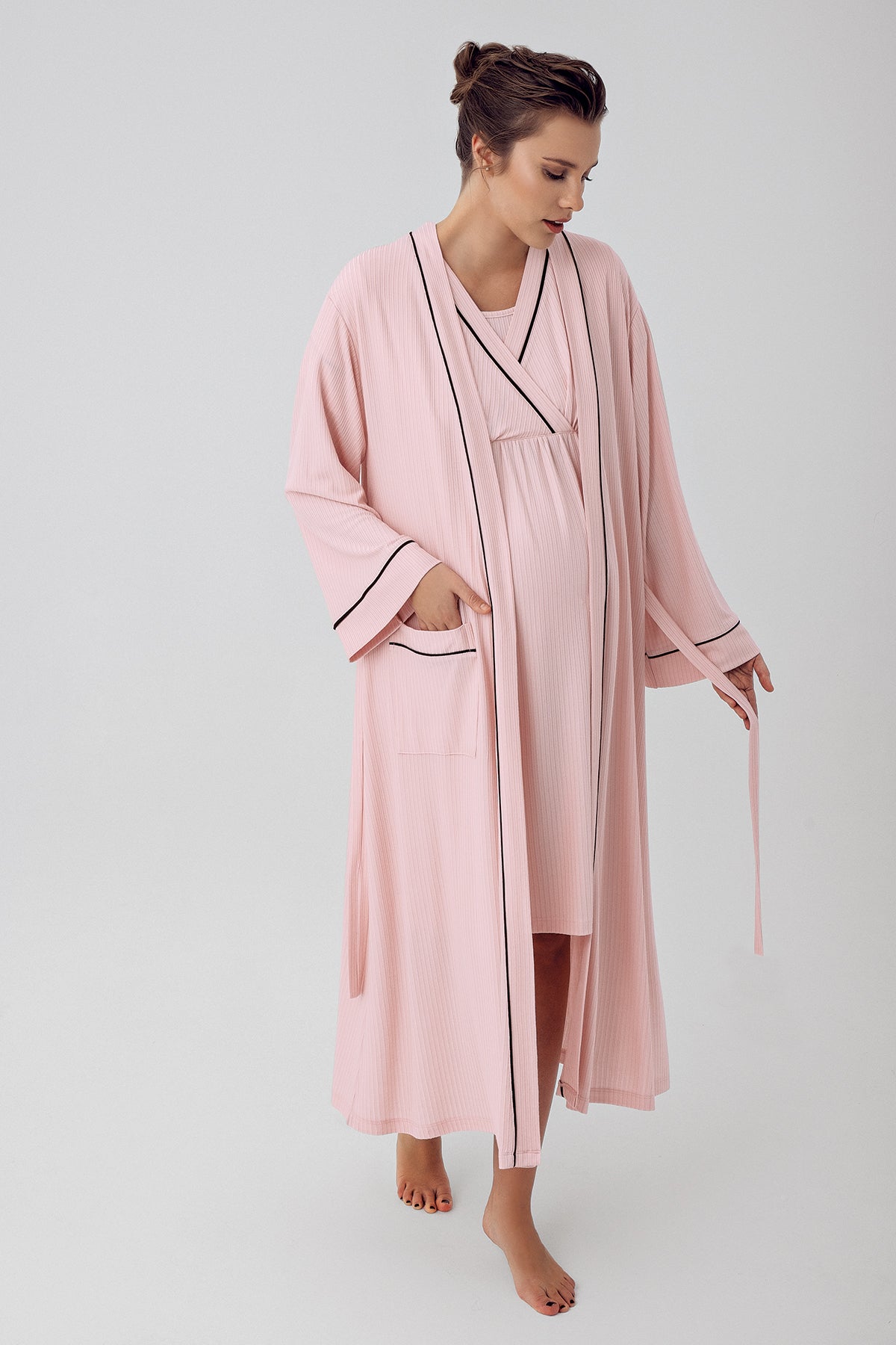 Shopymommy 16402 Double Breasted Maternity & Nursing Nightgown With Robe Pink