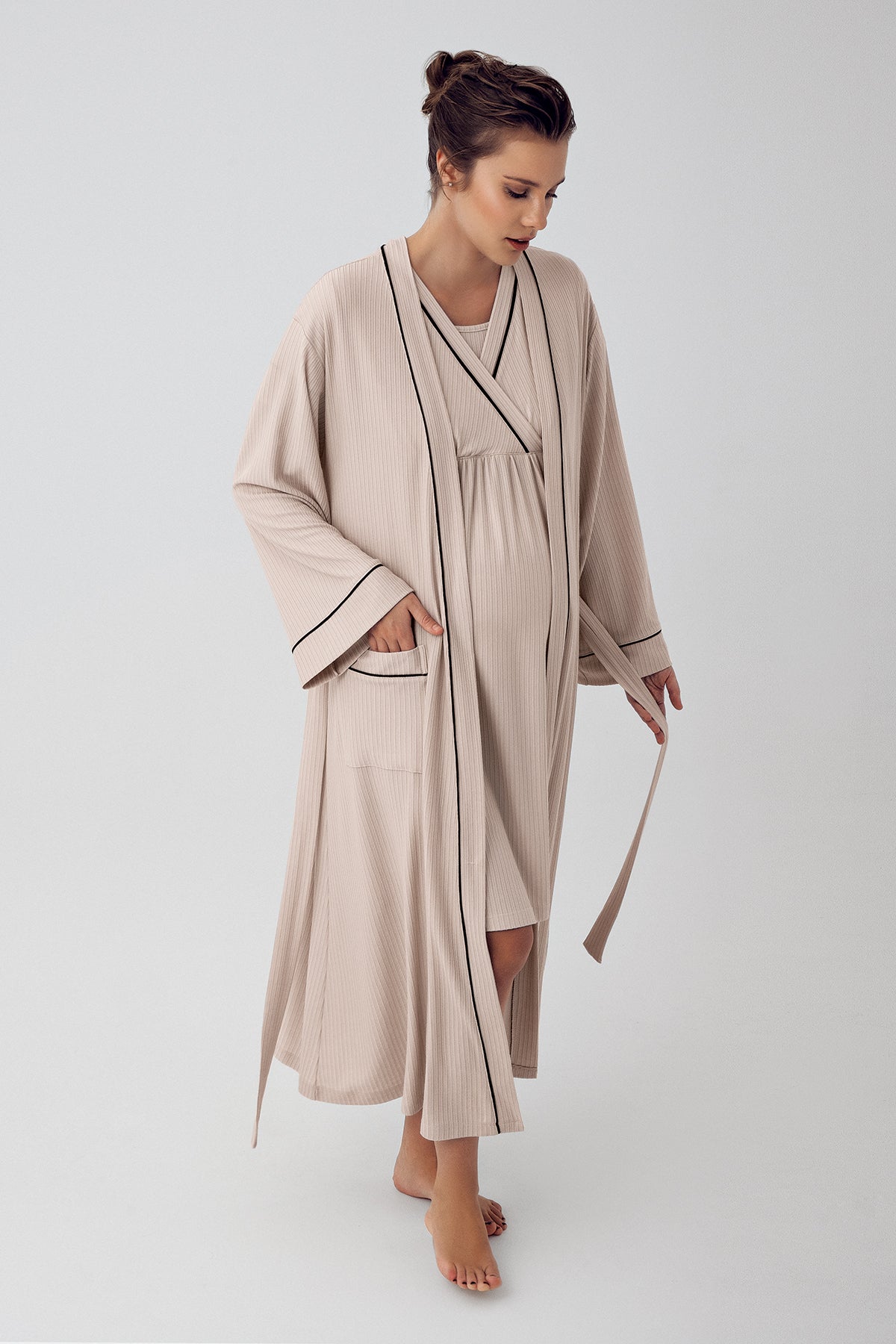 Shopymommy 16402 Double Breasted Maternity & Nursing Nightgown With Robe Beige
