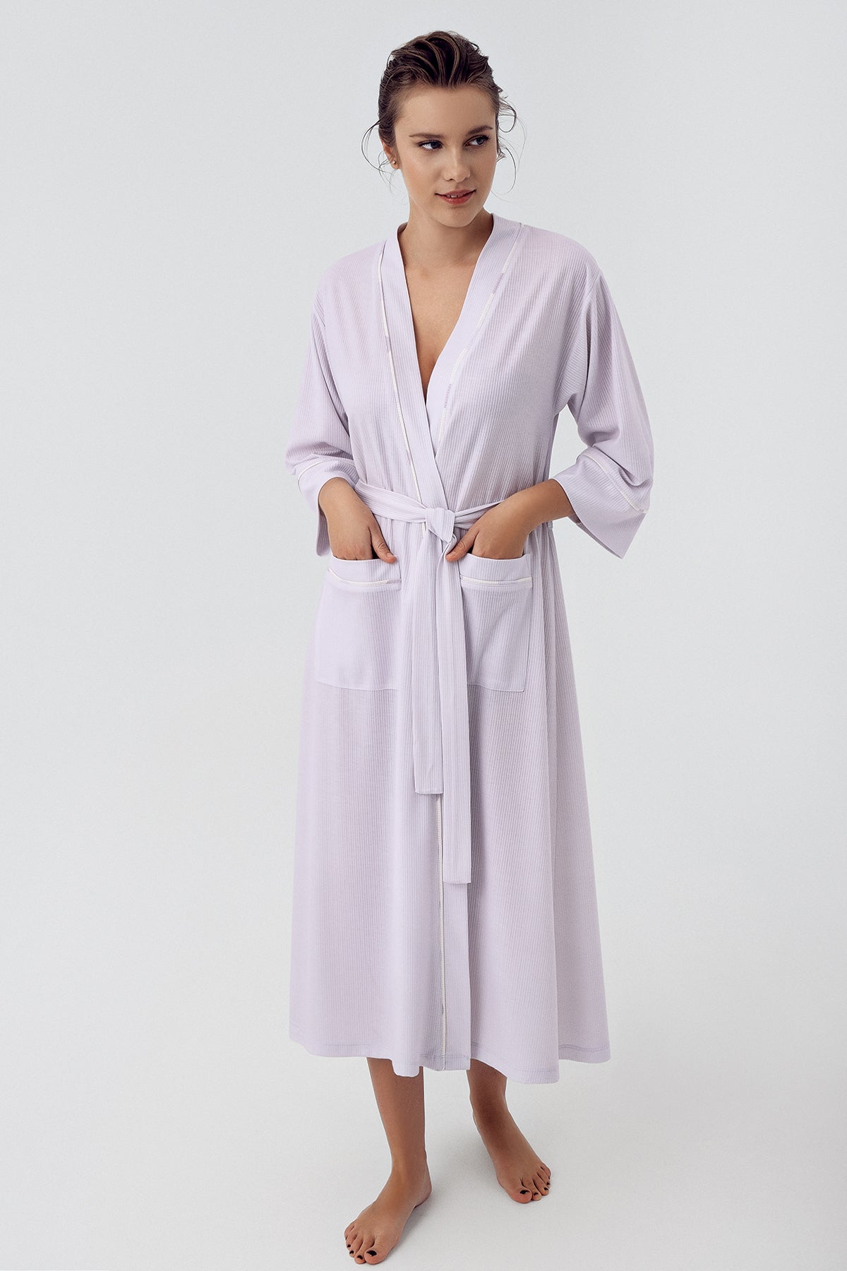 Shopymommy 16501 Striped Maternity Robe Lilac