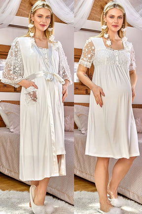 Shopymommy 170168 Flower Lace Sleeve Maternity & Nursing Nightgown With Robe Ecru