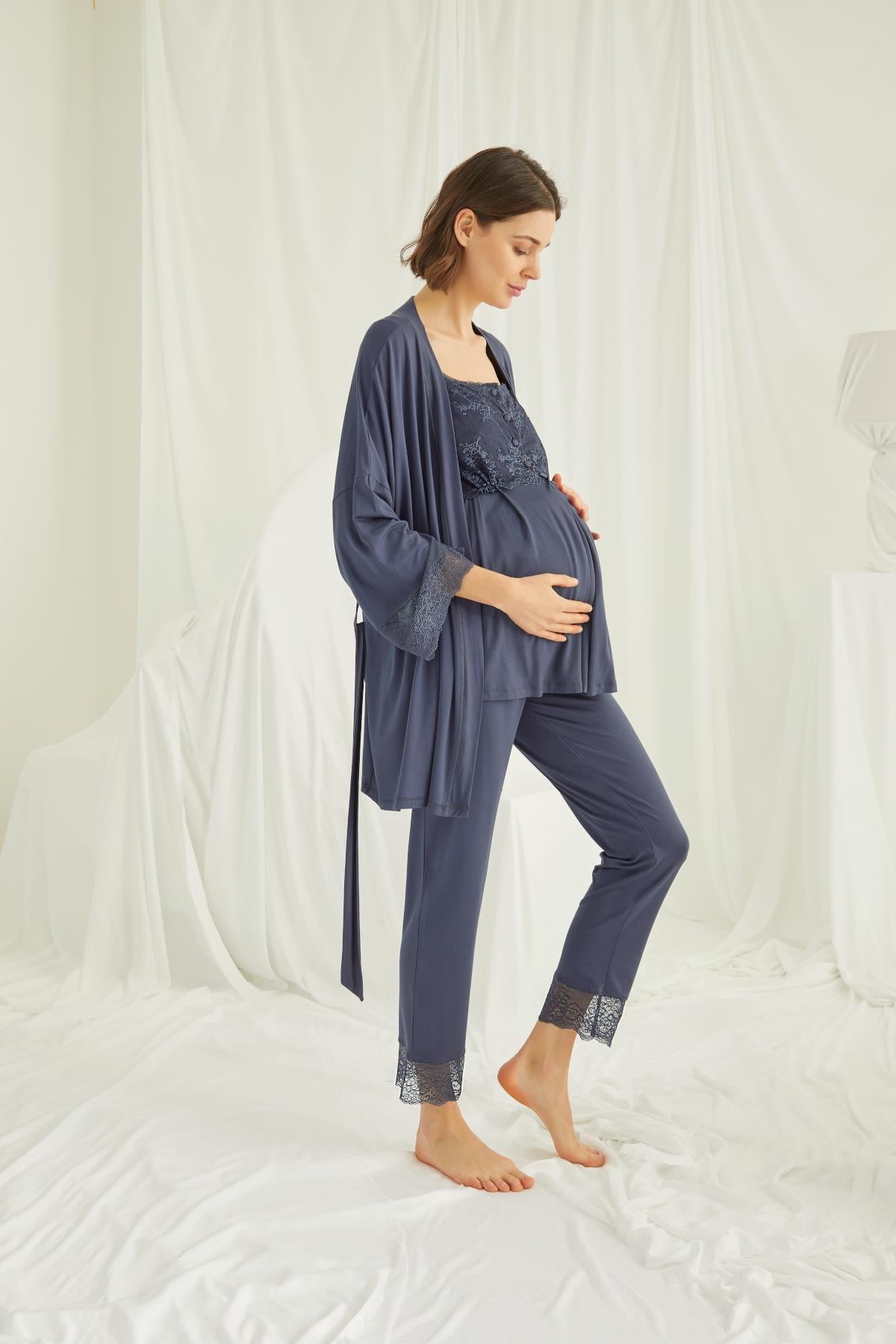 Shopymommy 18211 Lace 3-Pieces Maternity & Nursing Pajamas With Robe Navy Blue