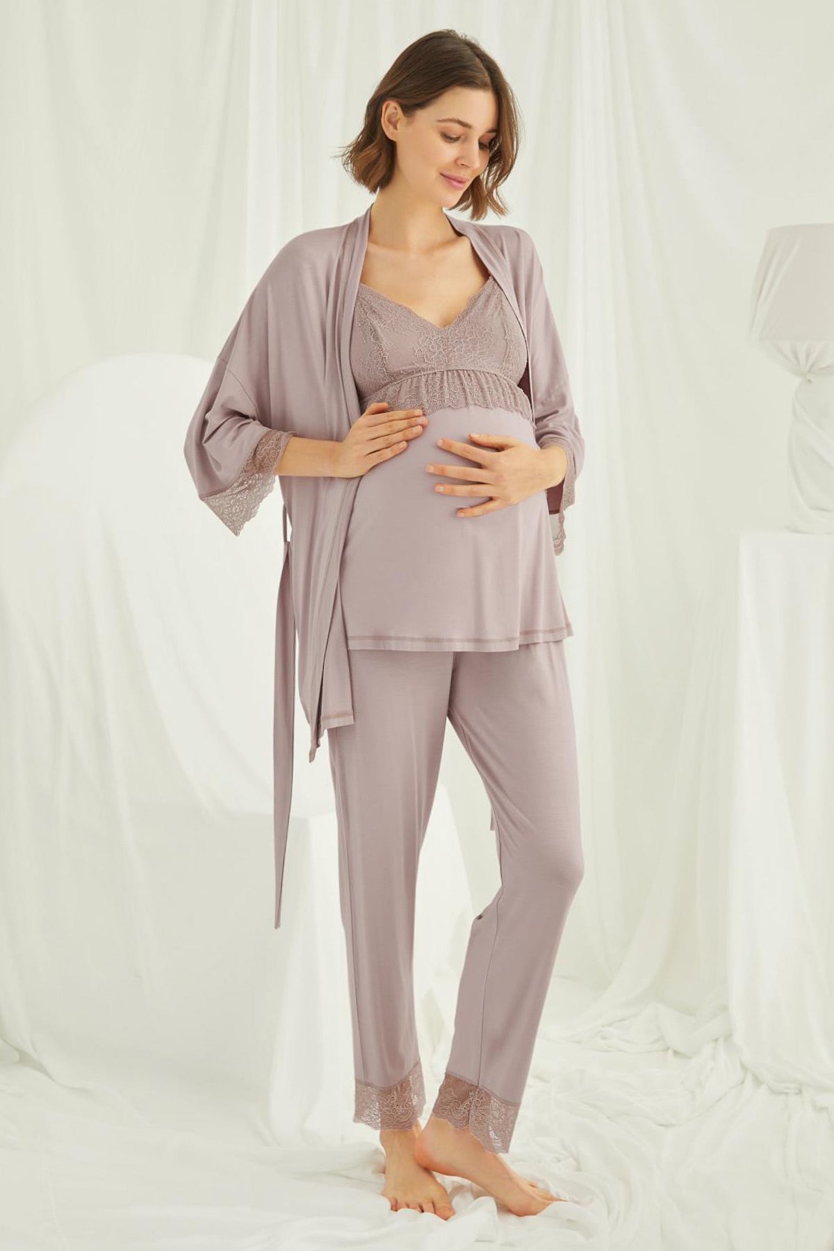 Shopymommy 18431 Lace Strappy 3-Pieces Maternity & Nursing Pajamas With Robe Coffee
