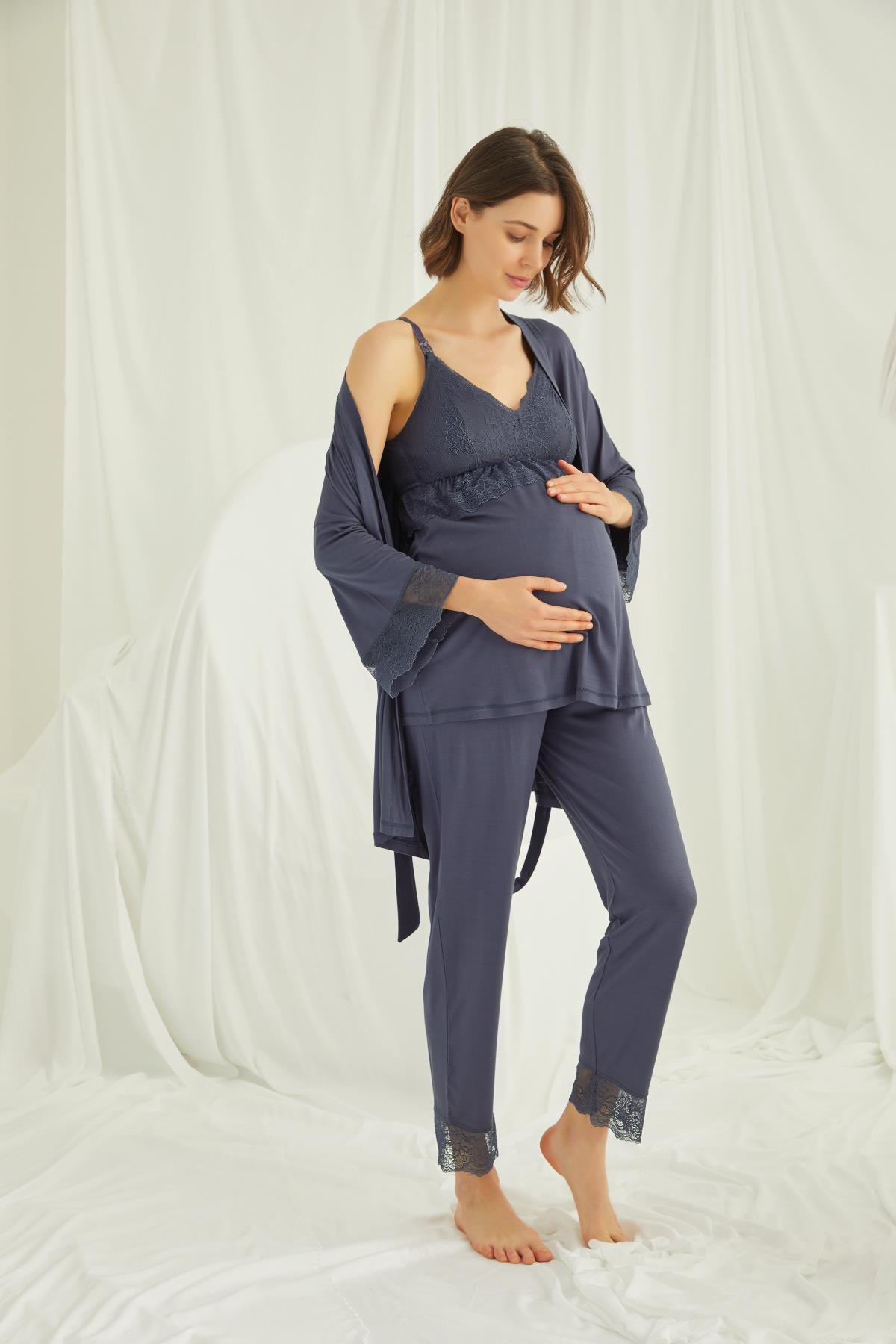 Shopymommy 18432 Lace Strappy 3-Pieces Maternity & Nursing Pajamas With Robe Navy Blue