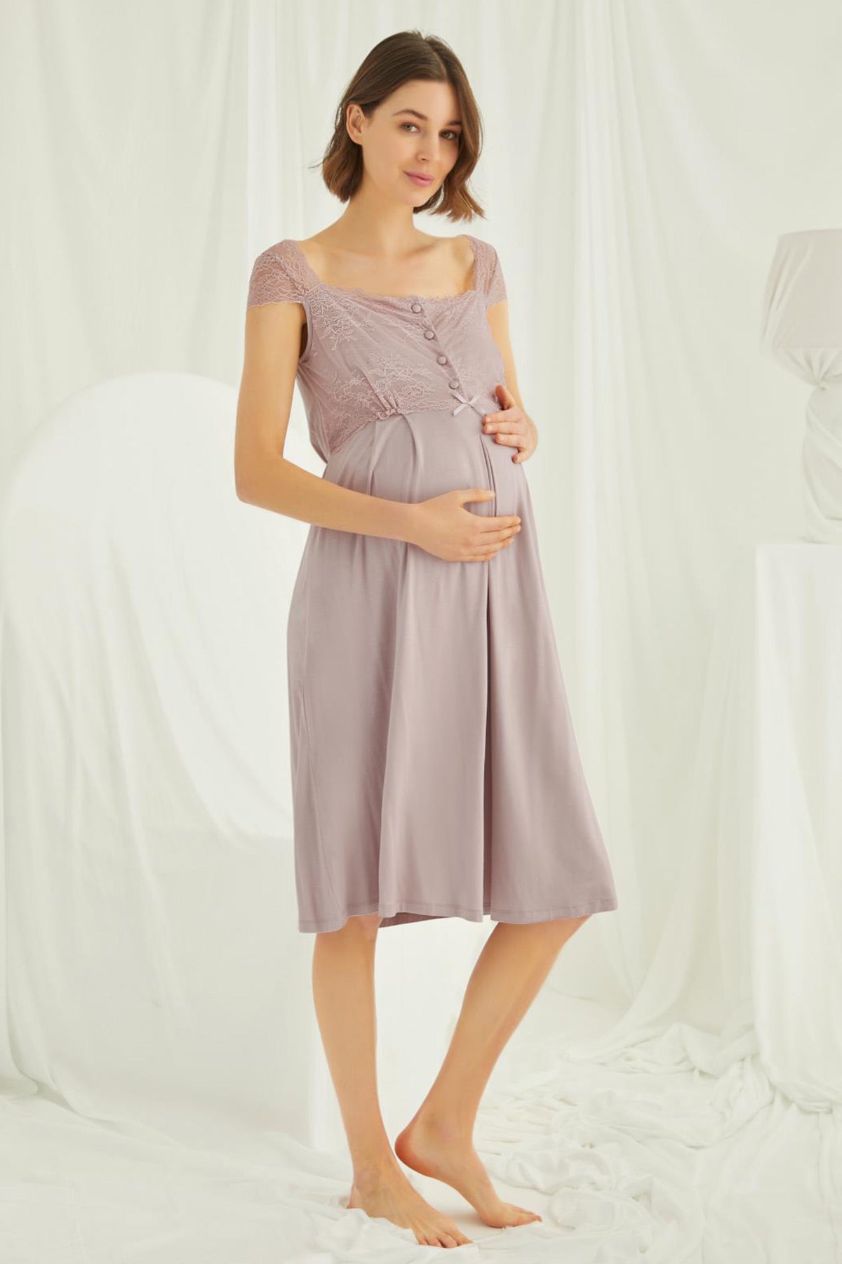 Shopymommy 18438 Lace Maternity & Nursing Nightgown With Robe Set Coffee