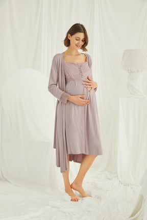 Shopymommy 18438 Lace Maternity & Nursing Nightgown With Robe Set Coffee