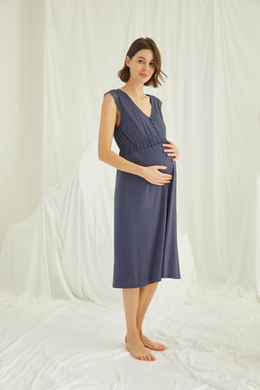 Shopymommy 18448 Lace V-Neck Maternity & Nursing Nightgown Navy Blue