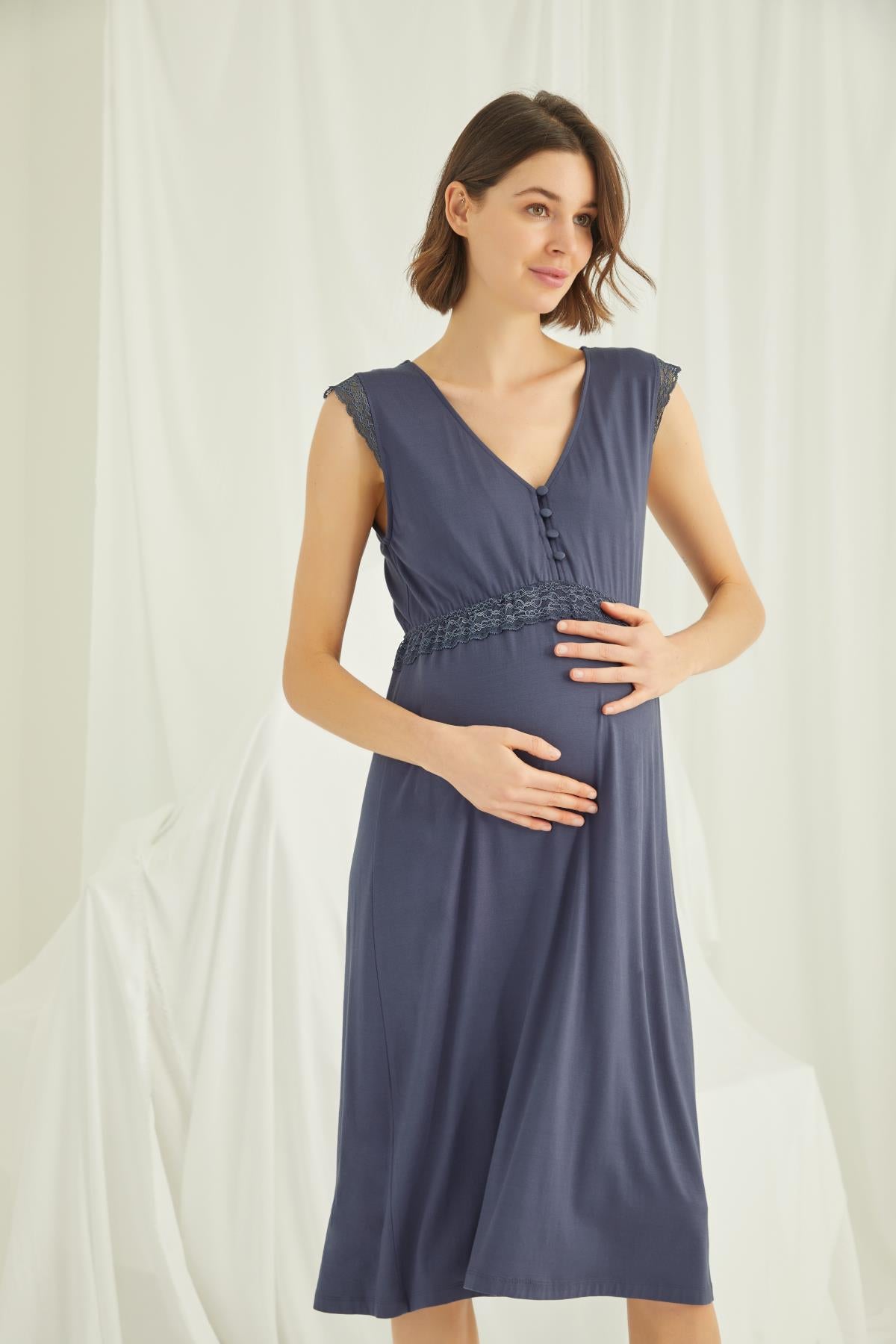 Shopymommy 18448 Lace V-Neck Maternity & Nursing Nightgown Navy Blue